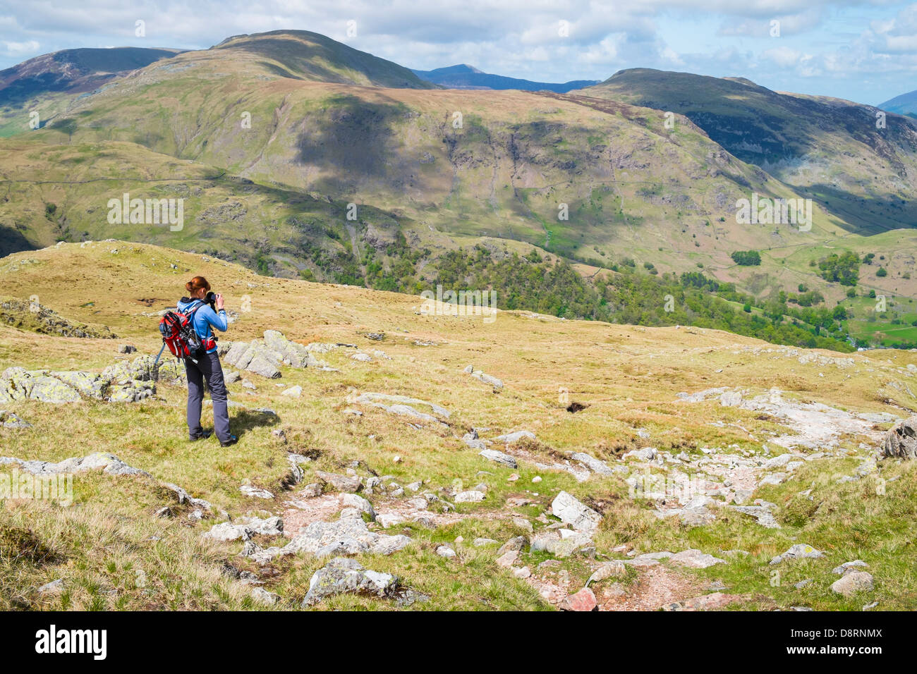 Un female hiker taking a photograph en descendant du sommet de Glaramara vers Thornythwaite ont chuté dans le Lake District Banque D'Images