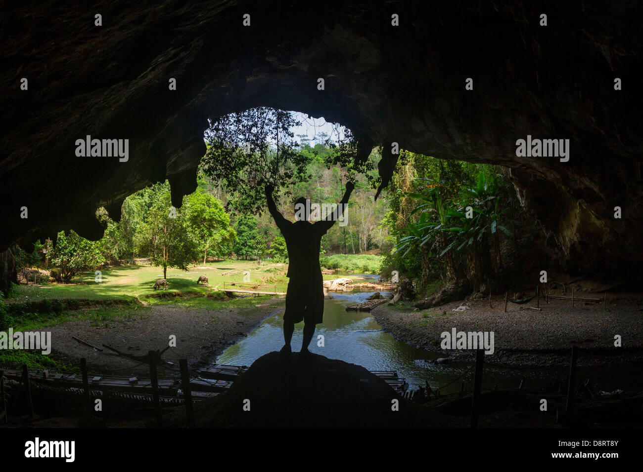 Homme debout avec les bras levés à l'intérieur de la grotte de Tham Loed avec stalactites dans Mae Hong Son, Thaïlande du Nord Banque D'Images