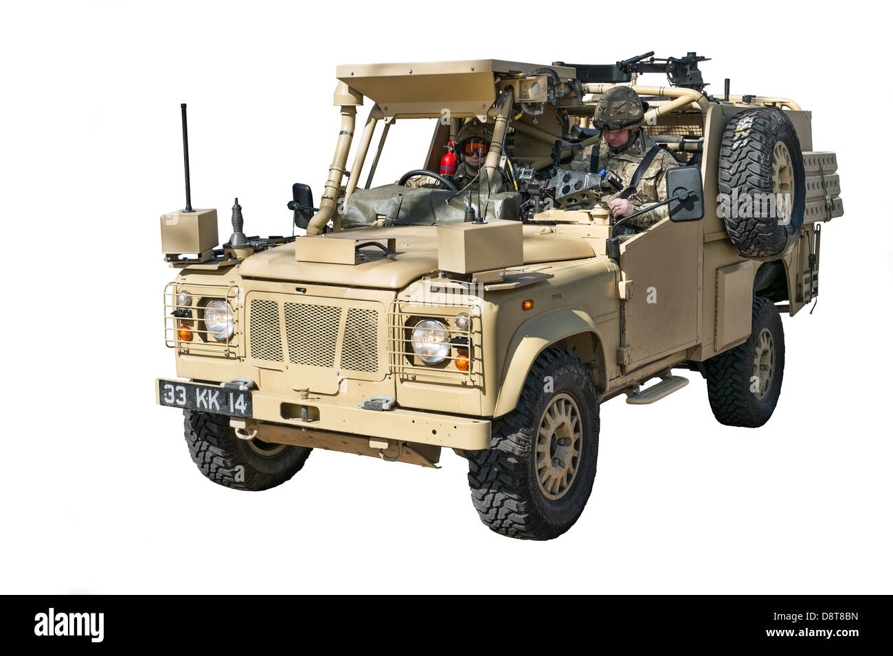 Une coupe d'un militaire britannique MWP Land Rover tenu par deux soldats de l'armée britannique Banque D'Images