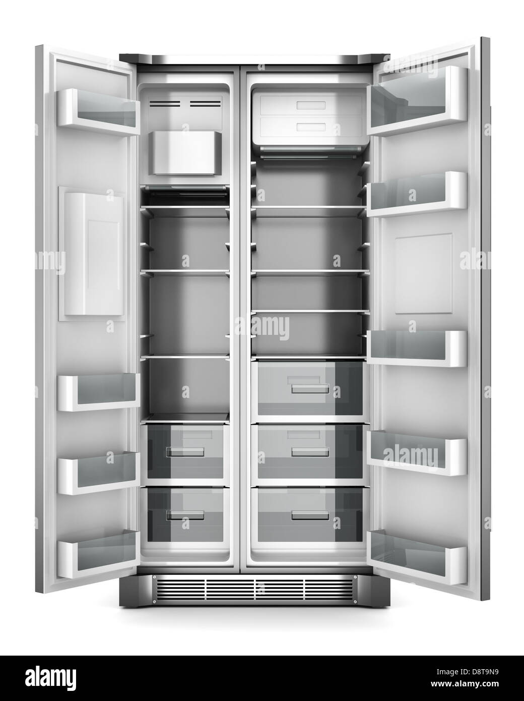 Réfrigérateur moderne avec des portes ouvertes isolated Banque D'Images