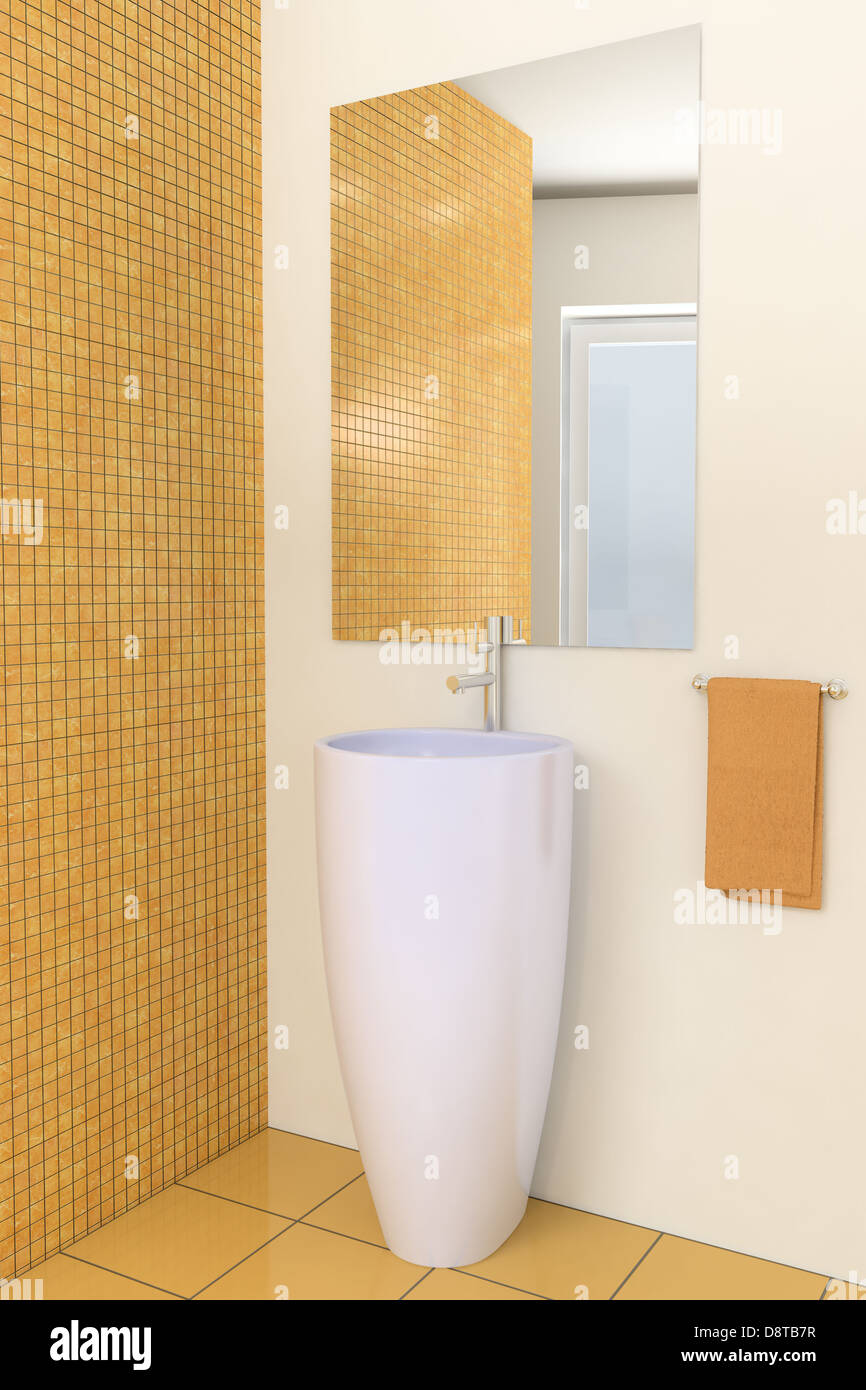 Salle de bains moderne avec carreaux marron sur le mur Banque D'Images