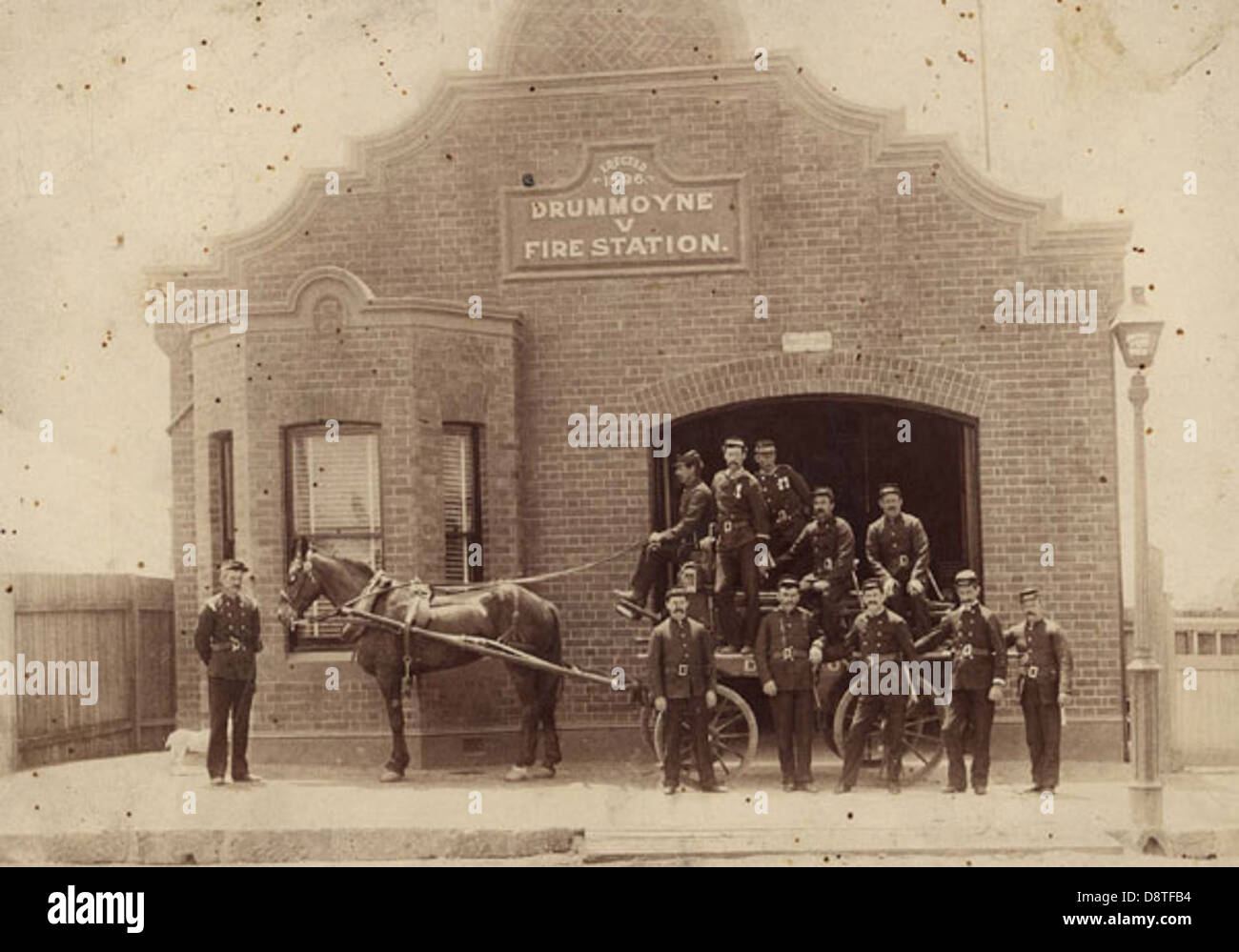 La caserne de pompiers de Drummoyne, représentée dans des photographies historiques en noir et blanc, représente une caserne emblématique de la caserne de pompiers à Sydney, en Nouvelle-Galles du Sud. Il met en lumière les premières opérations de lutte contre les incendies avec des charrettes tirées par des chevaux et du matériel utilisé par les pompiers de l'époque. Banque D'Images