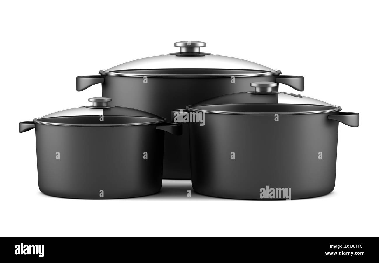 Trois casseroles noir isolated on white Banque D'Images