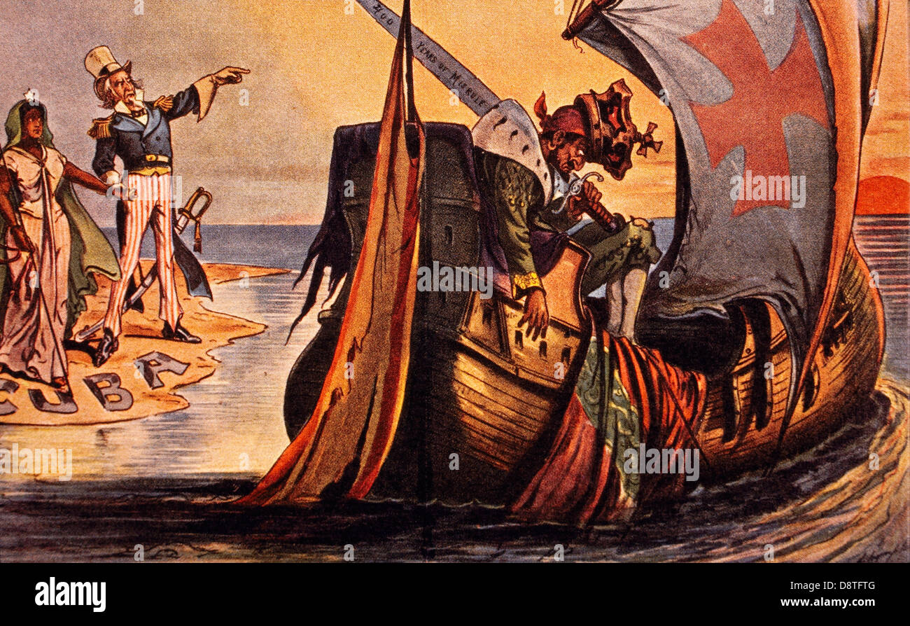 Les offres de l'Oncle Sam au revoir à l'Espagne après la conquête de Cuba dans la guerre hispano-américaine, Puck Magazine caricature politique, 1900 Banque D'Images