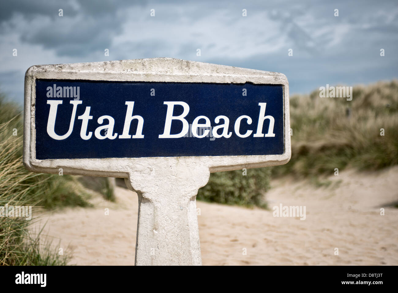L'Utah Beach signe sur l d jour plage du débarquement en Normandie, France Banque D'Images