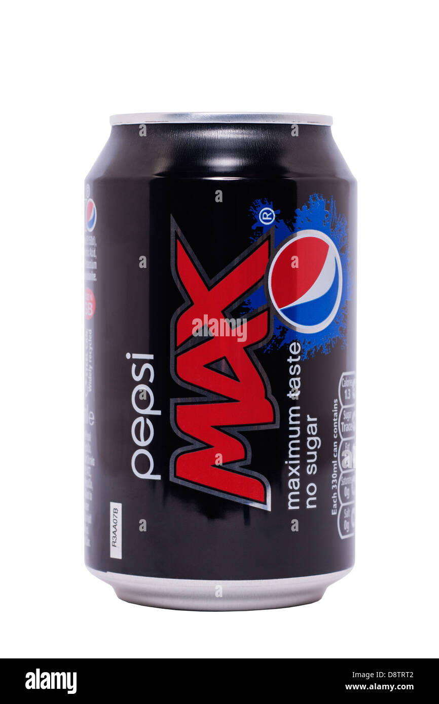 Une canette de Pepsi Max sans sucre cola sur un fond blanc Banque D'Images