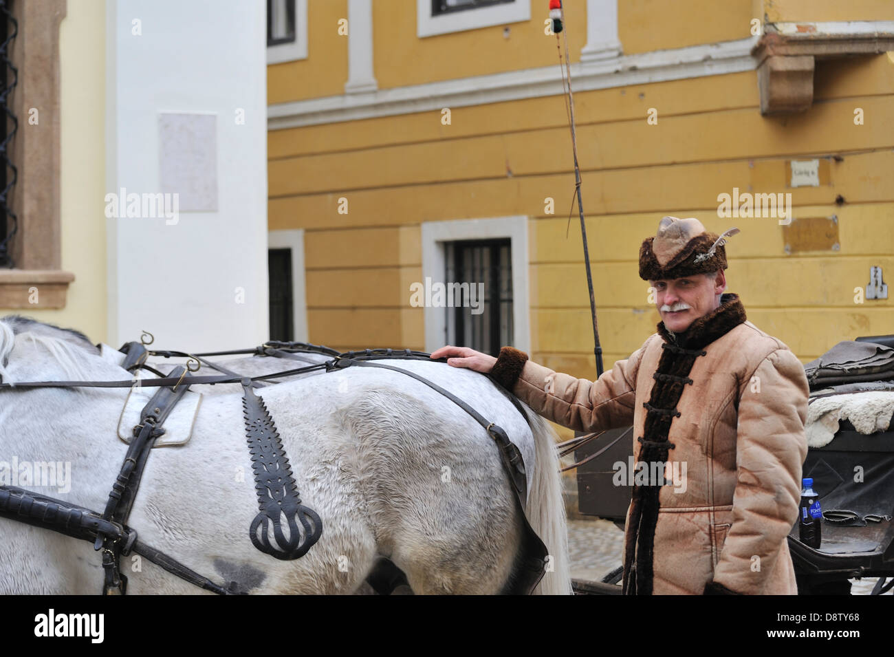 Homme portant un costume traditionnel hongrois propose des promenades en calèche, Szentendre, Hongrie Banque D'Images