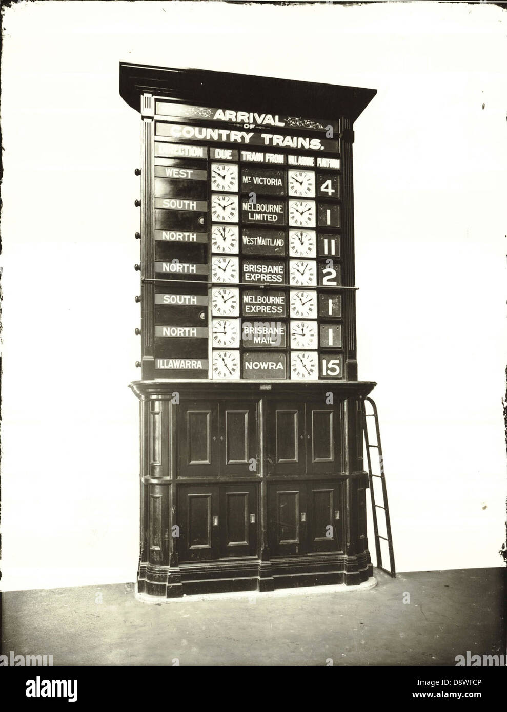 Cette image capture l'indicateur d'arrivée de la plate-forme à vapeur à la gare centrale de Sydney, une pièce historique de la technologie ferroviaire. Il présente la conception et la fonction du système d'arrivée utilisé au début du XXe siècle. Banque D'Images