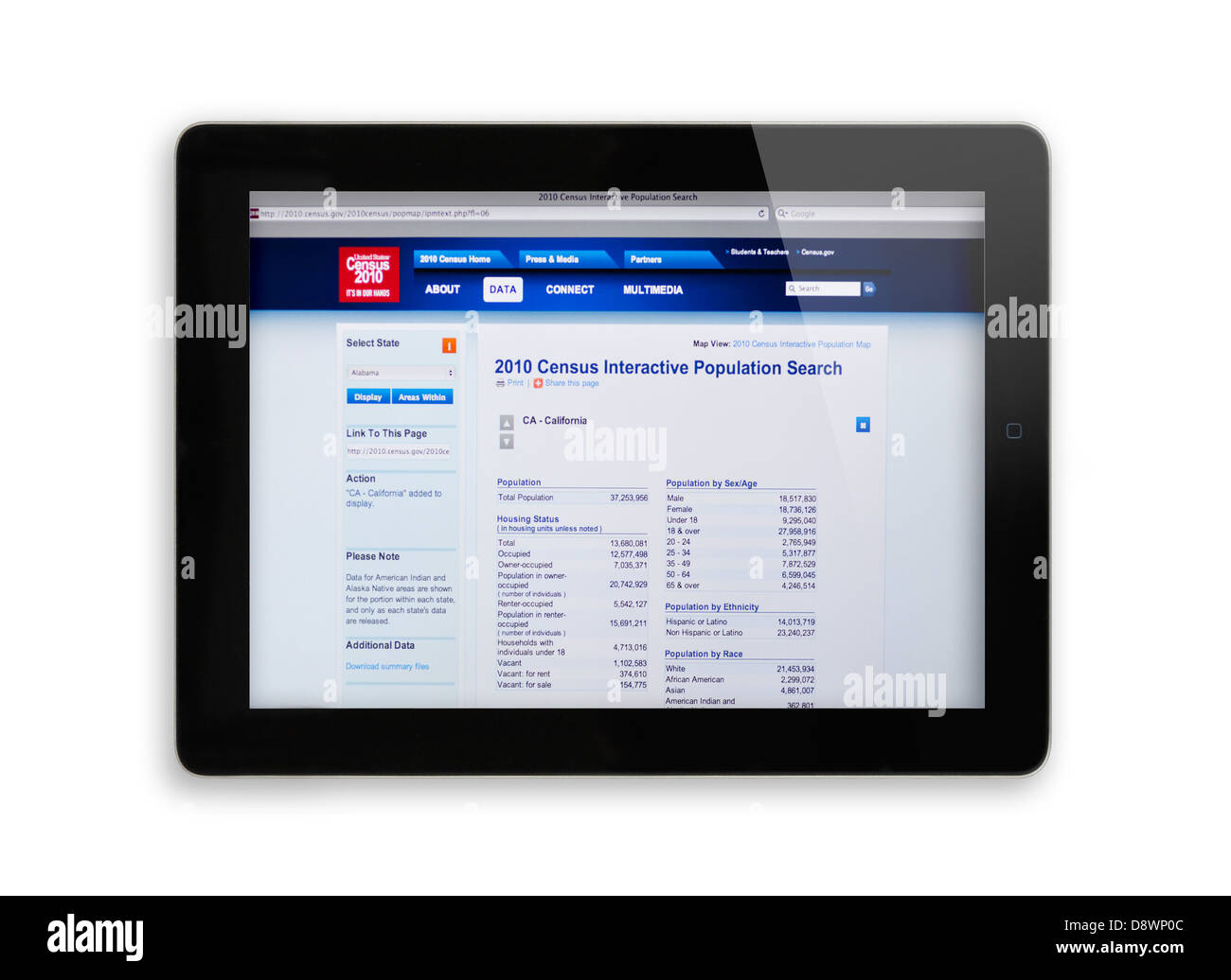 Montrant l'écran de l'iPad United States 2010 site web interactif du recensement Banque D'Images