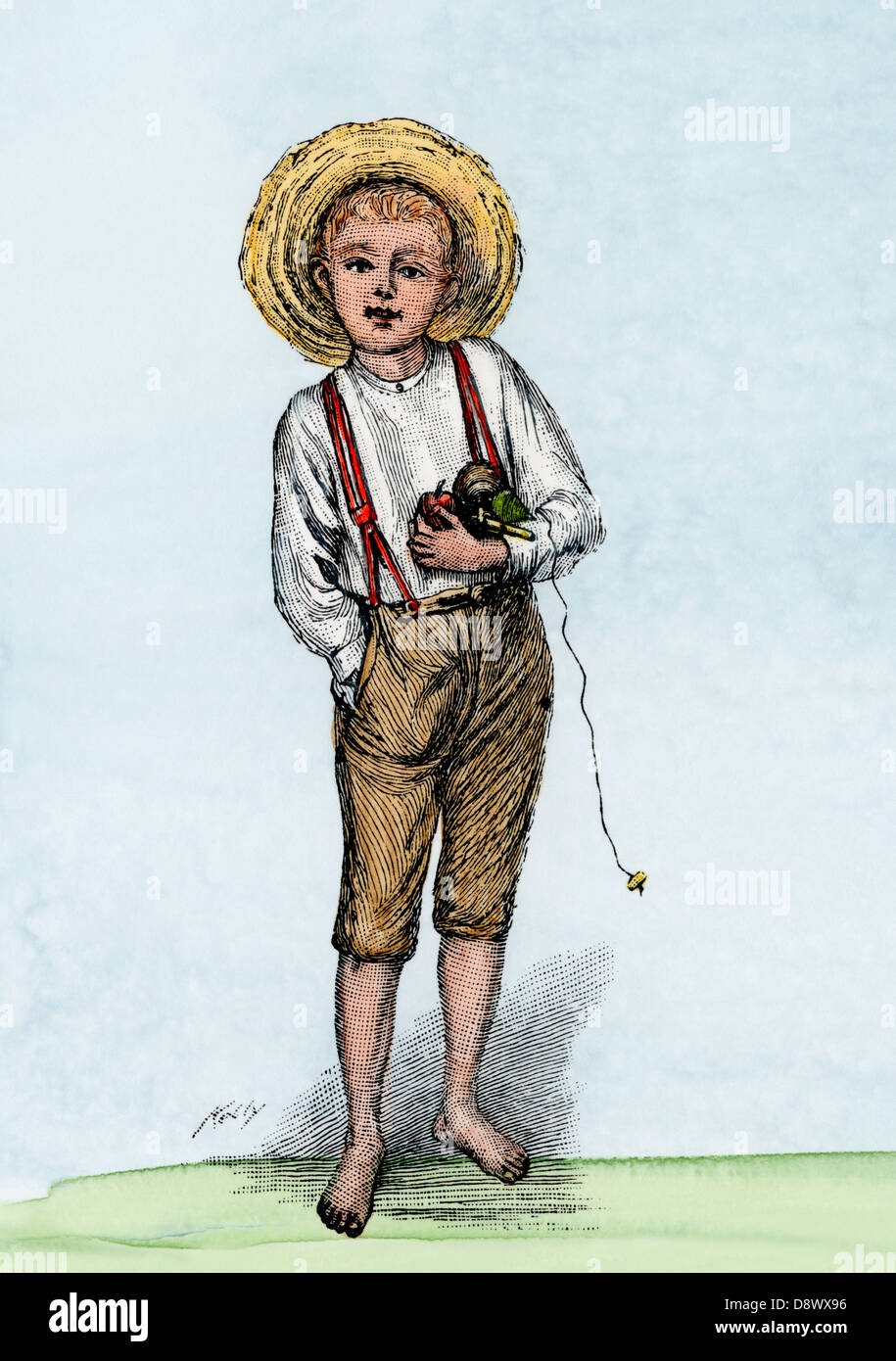 Pays Barefoot boy carrying toy tops. À la main, gravure sur bois Banque D'Images
