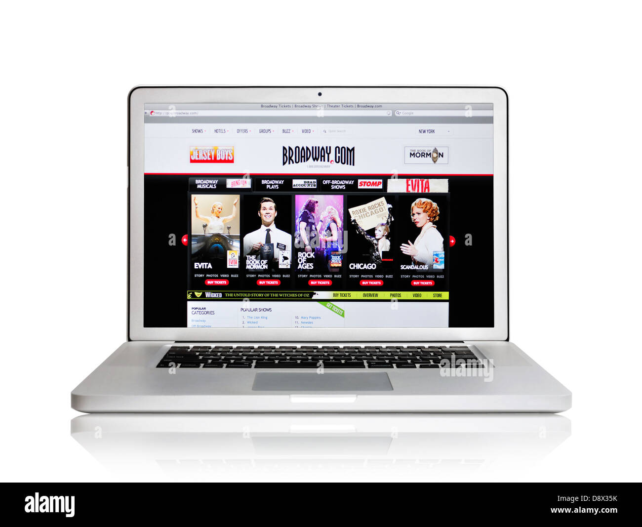 Un écran d'ordinateur portable montrant Broadway.com Site web - vente de billets de Broadway Banque D'Images