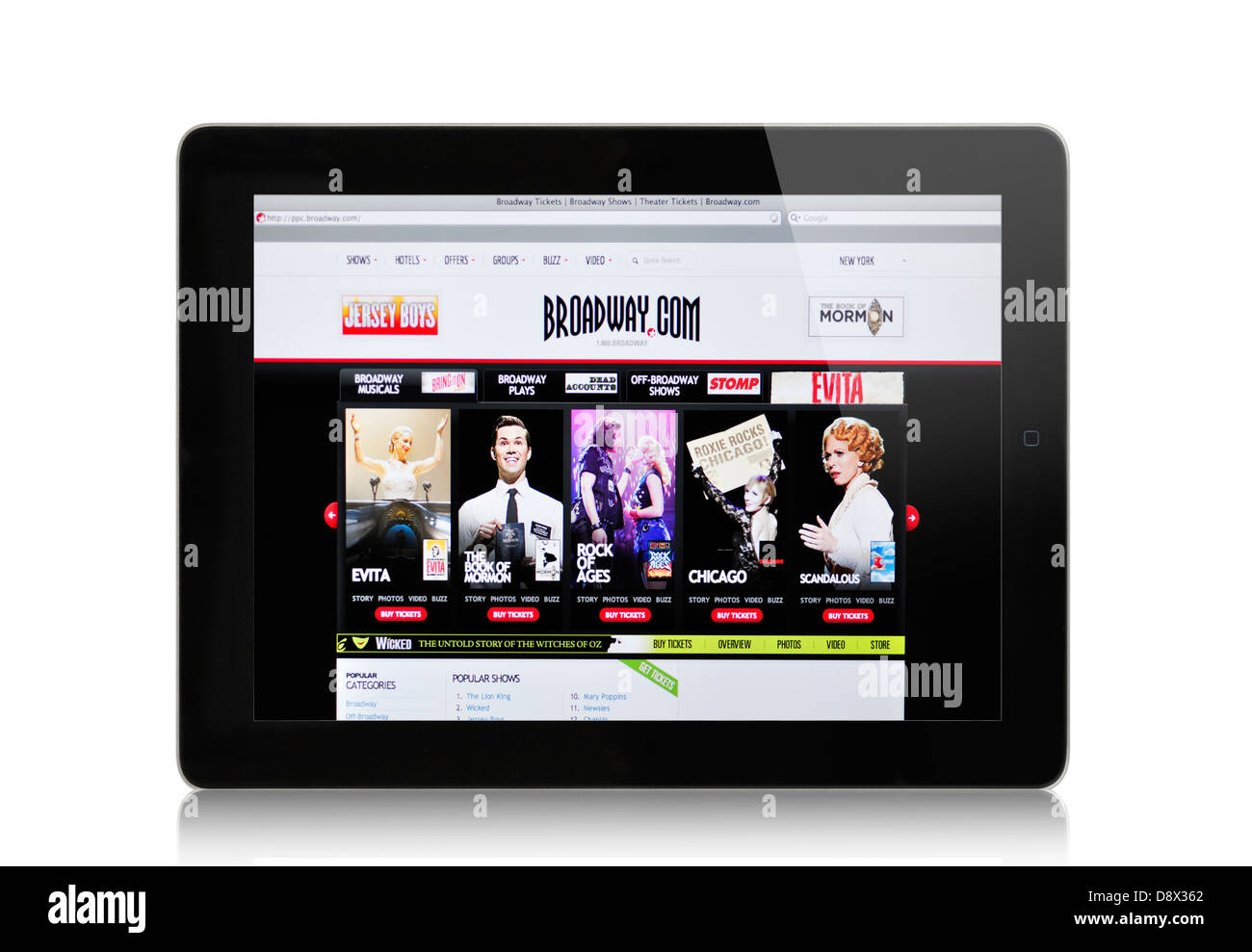 Écran iPad montrant Broadway.com Site web - vente de billets de Broadway Banque D'Images