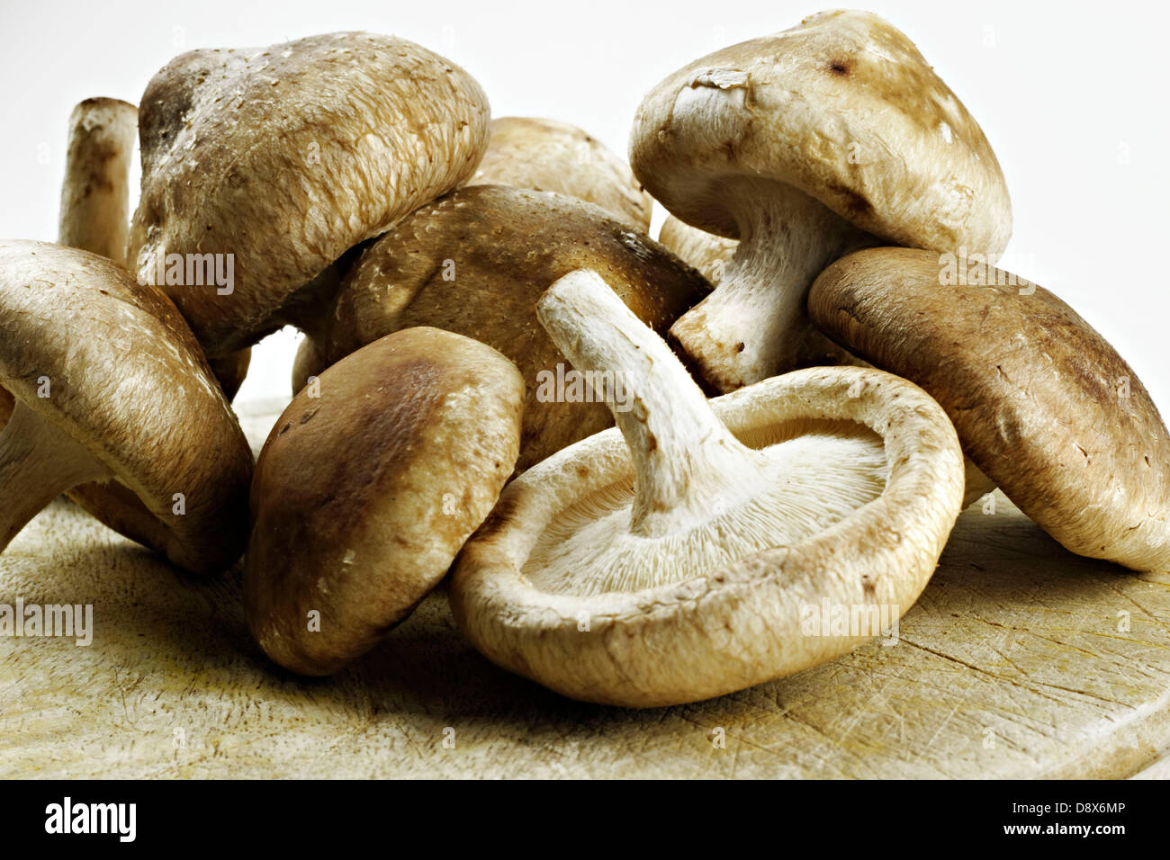 Assortiment de champignons sur une planche à découper en bois Banque D'Images