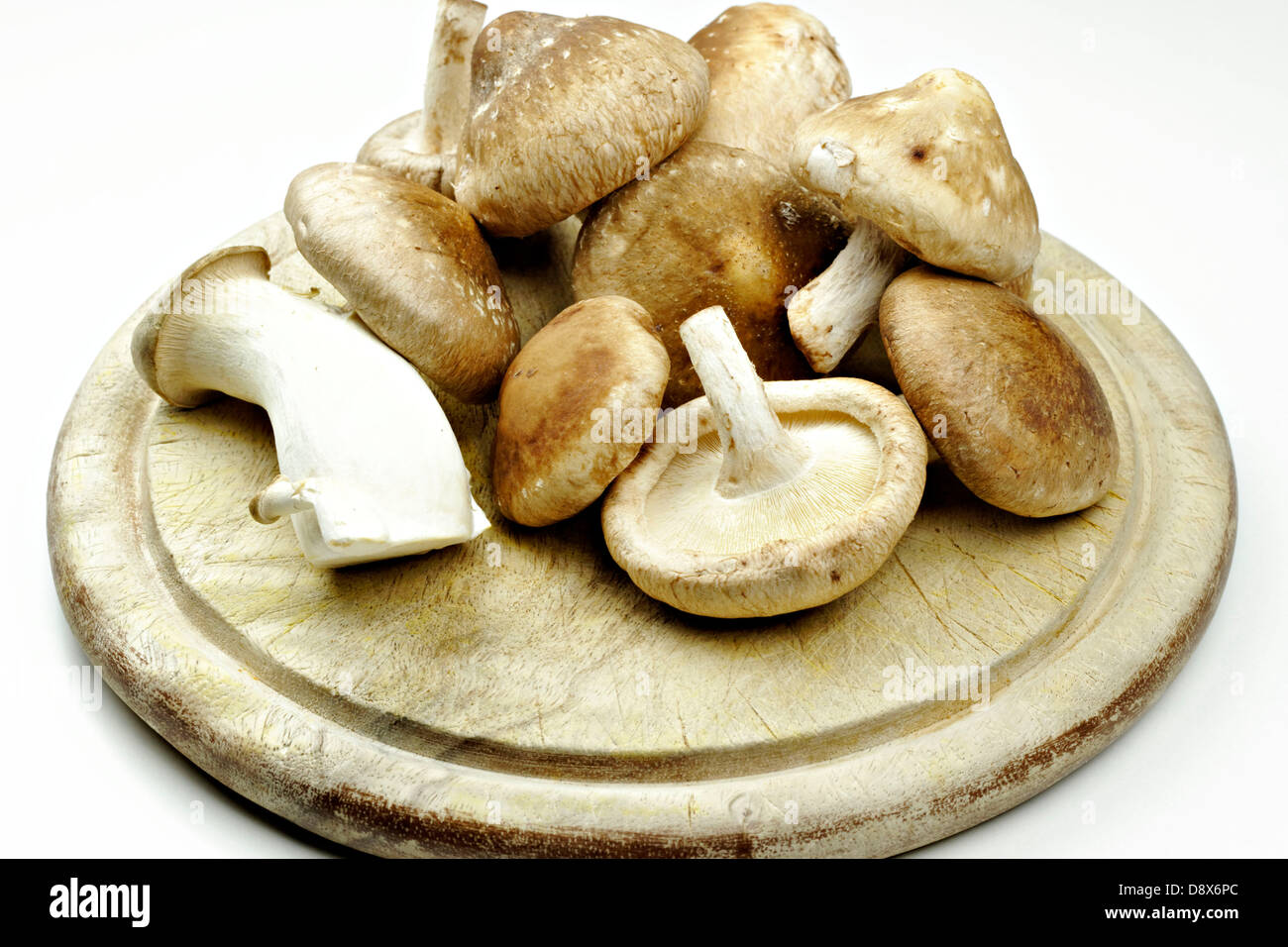 Assortiment de champignons sur une planche à découper en bois Banque D'Images