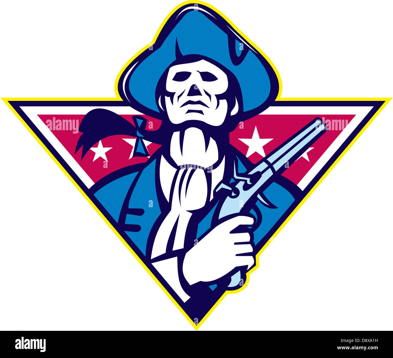 Illustration d'un patriote américain Minuteman à pistolet à silex jusqu'à l'intérieur set triangle avec étoile sur blanc isolé Banque D'Images