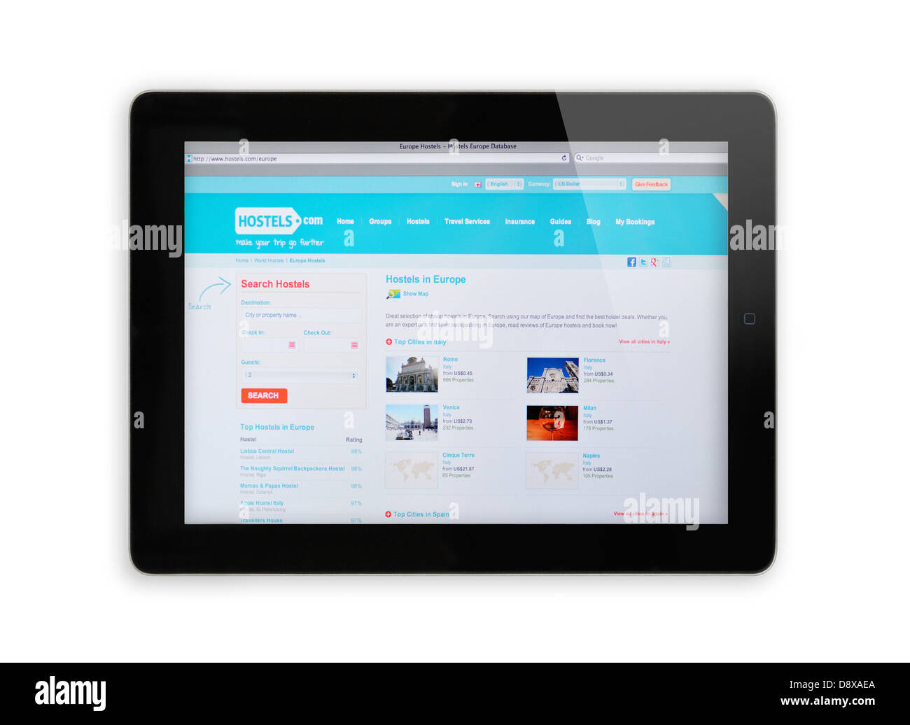 Montrant l'écran de l'ipad - site des auberges de jeunesse auberge en ligne Rechercher Banque D'Images