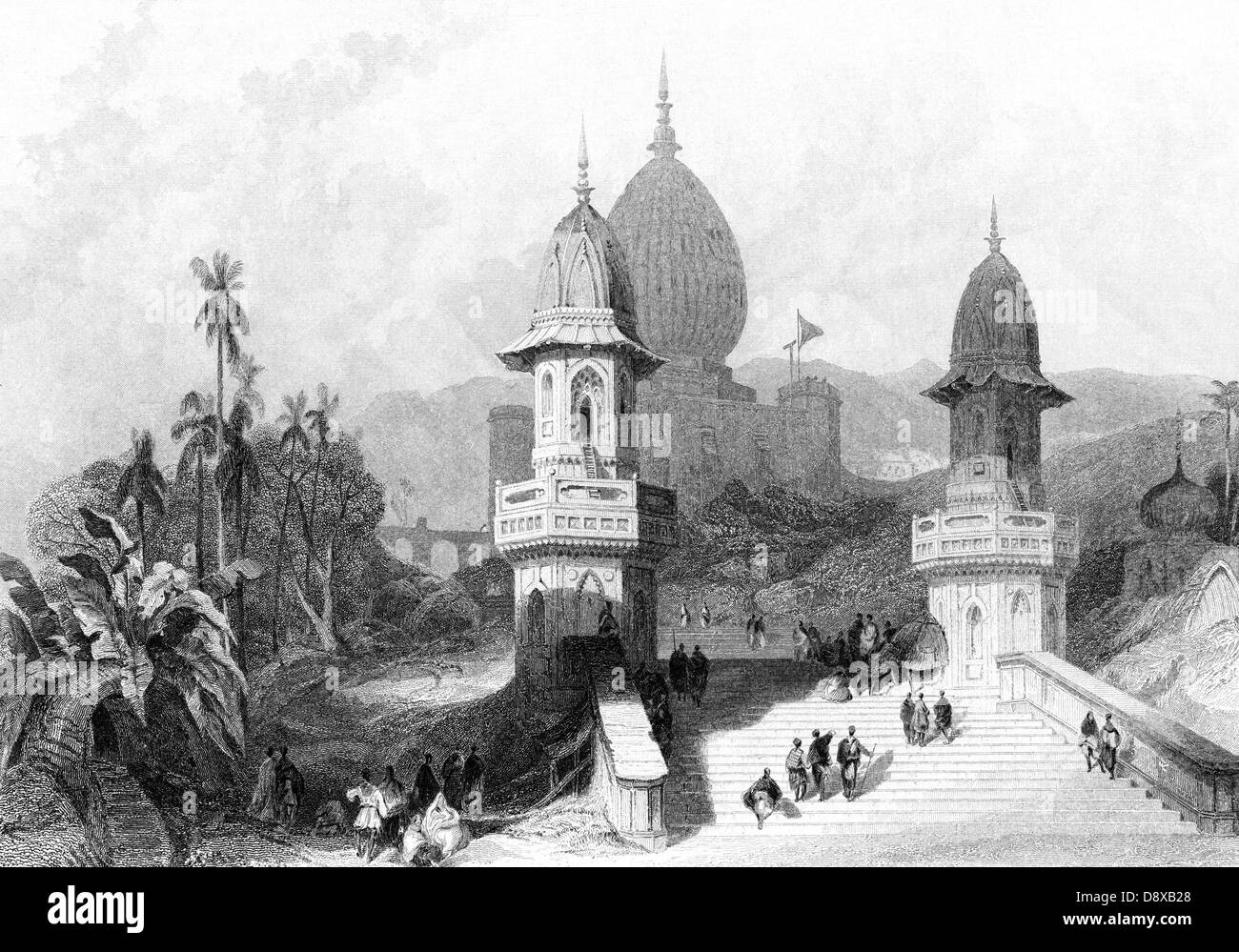 'Ghat et Temple à Gokul' art gravure sur acier (1839), Inde Banque D'Images