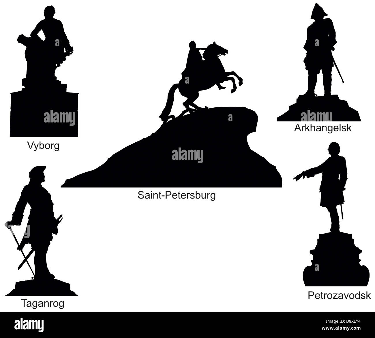 Monuments historiques de l'empereur russe Pierre Ier, ensemble de silhouettes vecteur Banque D'Images