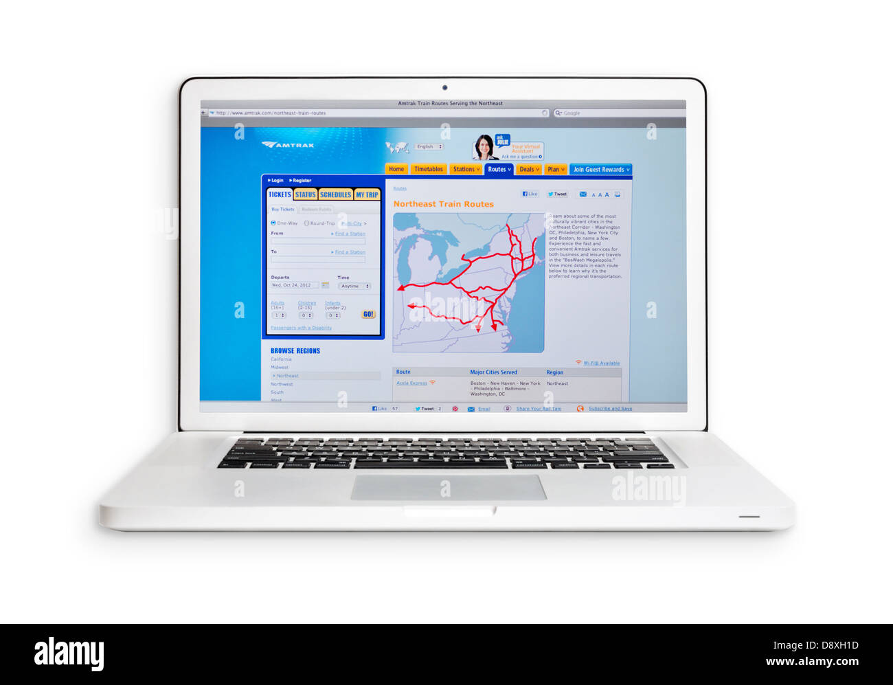 Routes d'Amtrak site sur un écran d'ordinateur portable - les itinéraires nord-est Banque D'Images