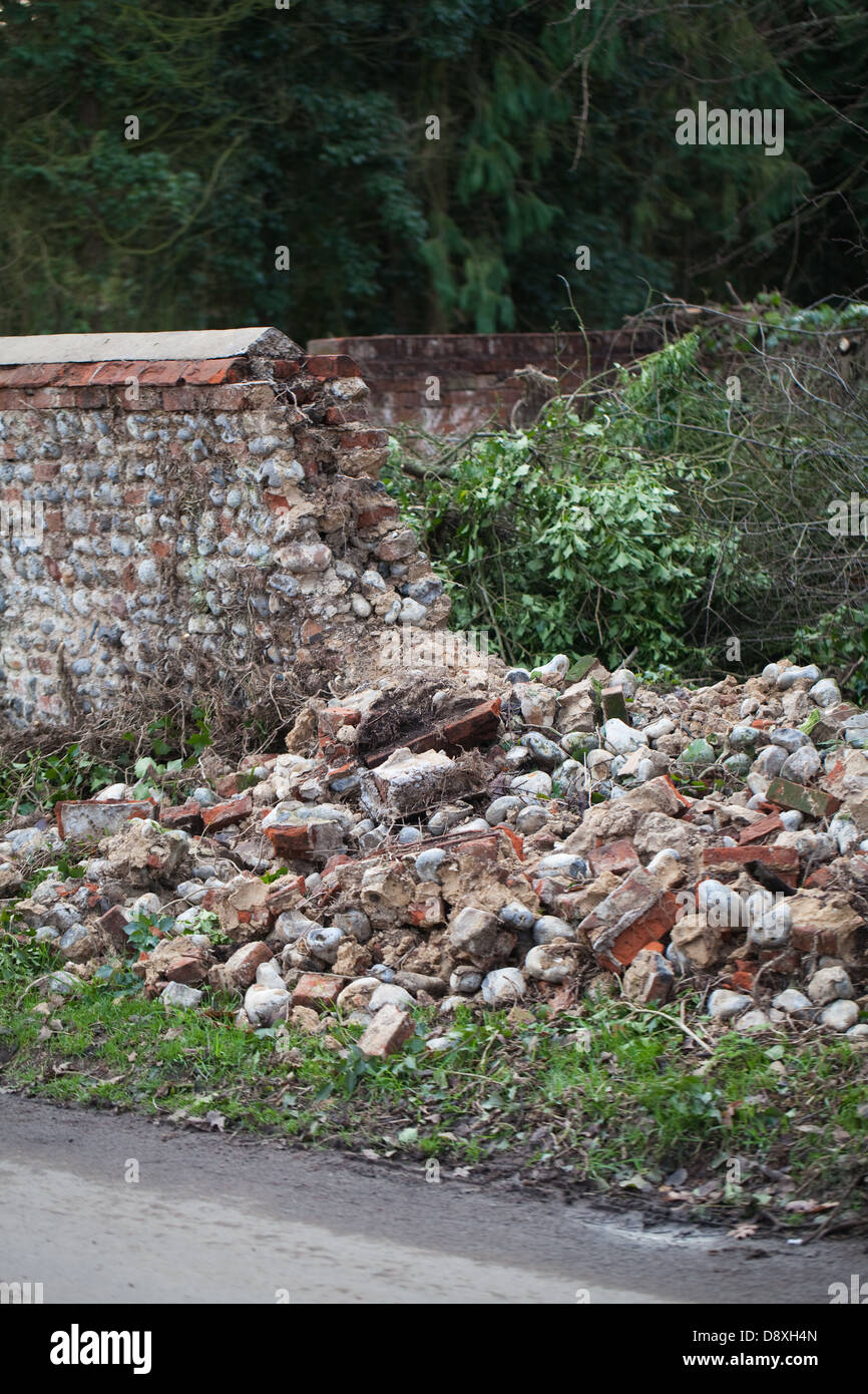 Mur en pierre de silex, partiellement effondré. Hickling Hall, Hickling , Norfolk. En attente de réparation et re-construire. Broadland, Norfolk. Banque D'Images