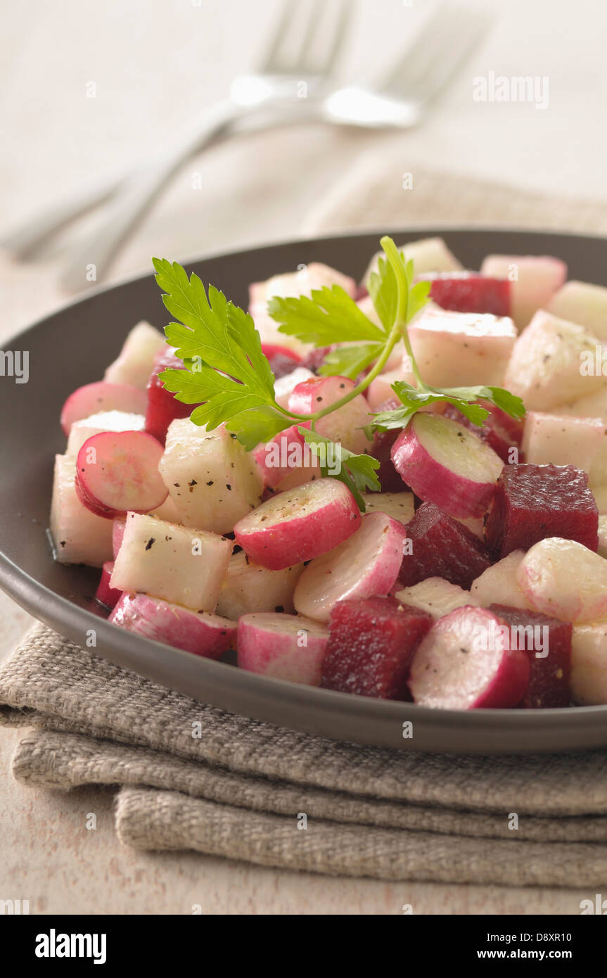 Betterave rouge, noir et salade de radis roses Banque D'Images