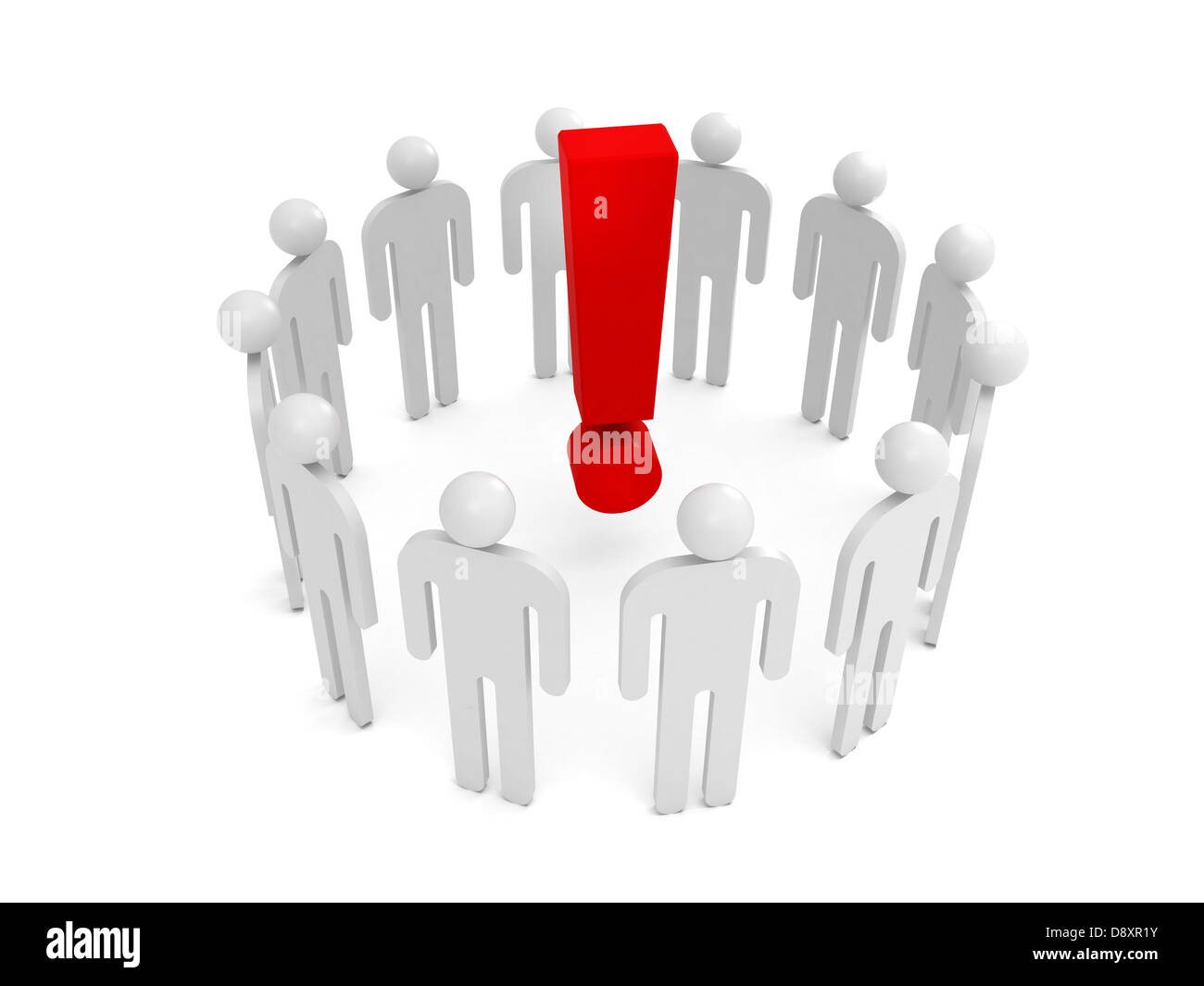 Abstract 3d stand blanc les gens dans un cercle avec big red l'intérieur signe d'exclamation Banque D'Images