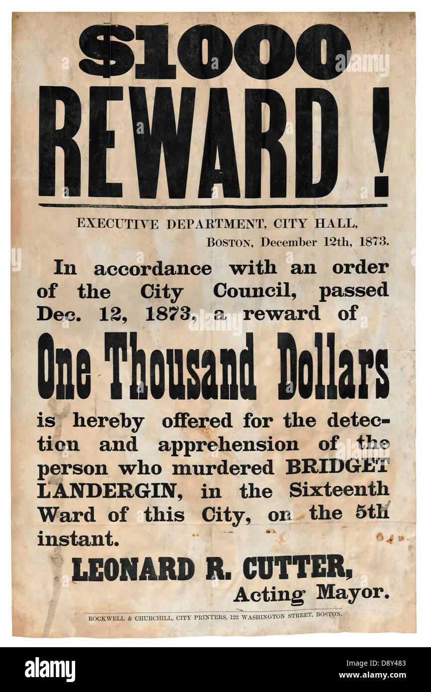 Cette affiche de recherche du 19e siècle offre une récompense de 1000 $ pour obtenir des renseignements sur les criminels. Il reflète l'utilisation de l'impression typographique dans l'application de la loi et la justice pénale. Banque D'Images