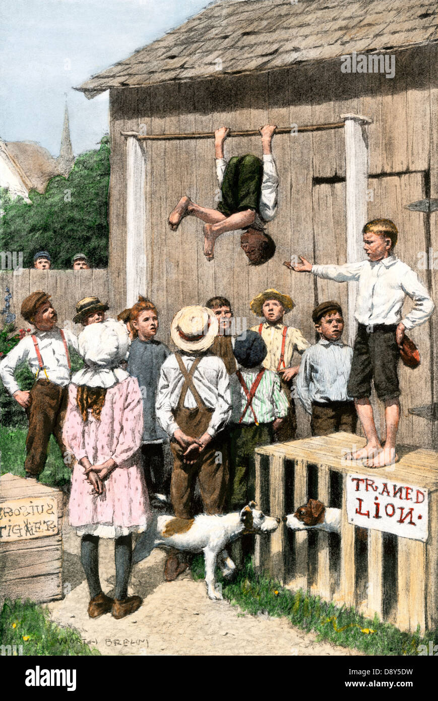 Mettre les enfants sur un cirque dans la cour, années 1800. À la main, gravure sur bois Banque D'Images