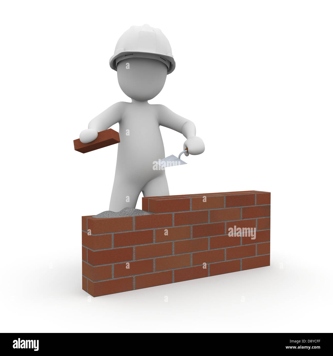 Le personnage est un maçon et construit un mur de briques. Banque D'Images