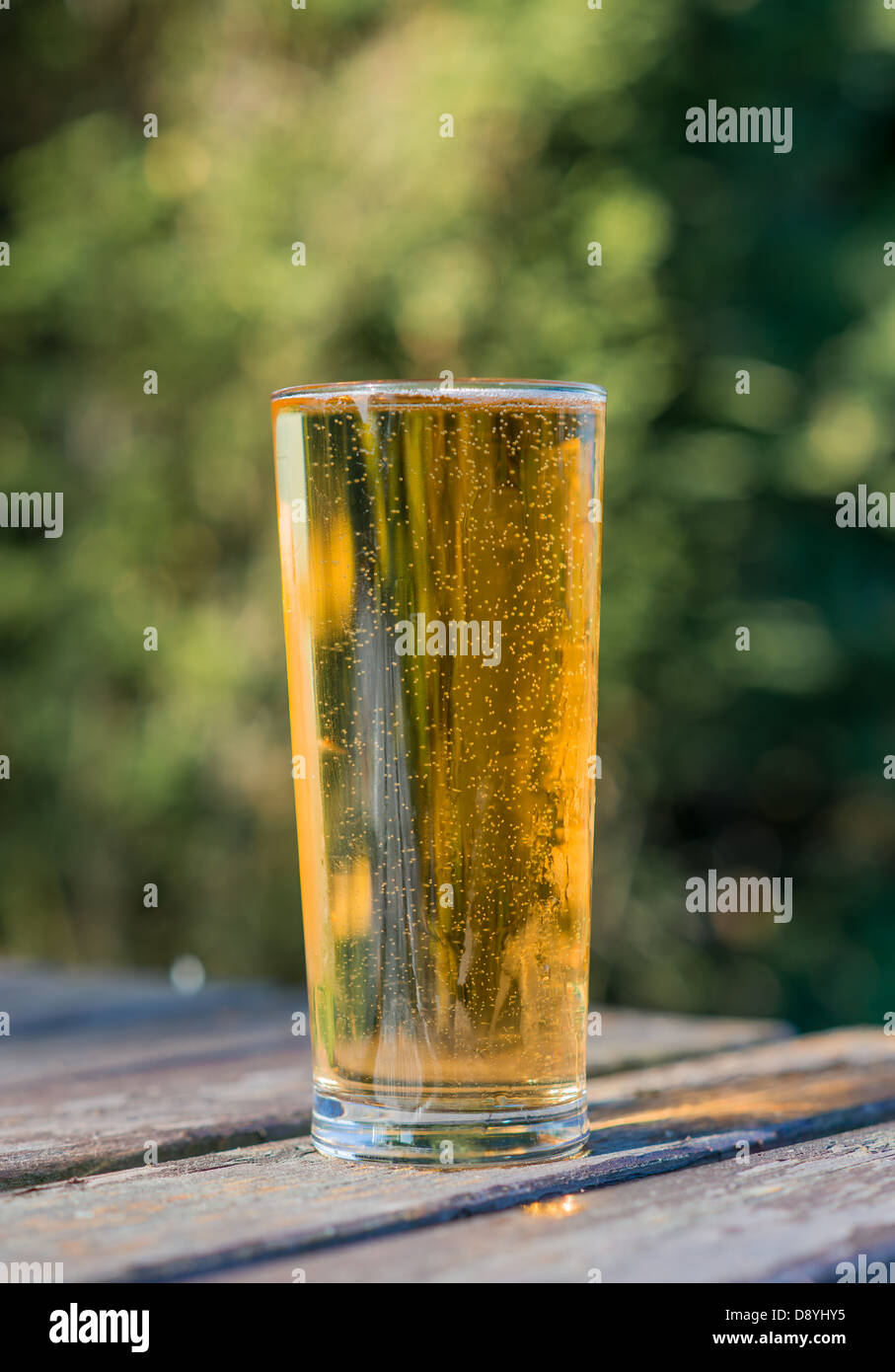 Pinte de bière cidre sur table de jardin Banque D'Images