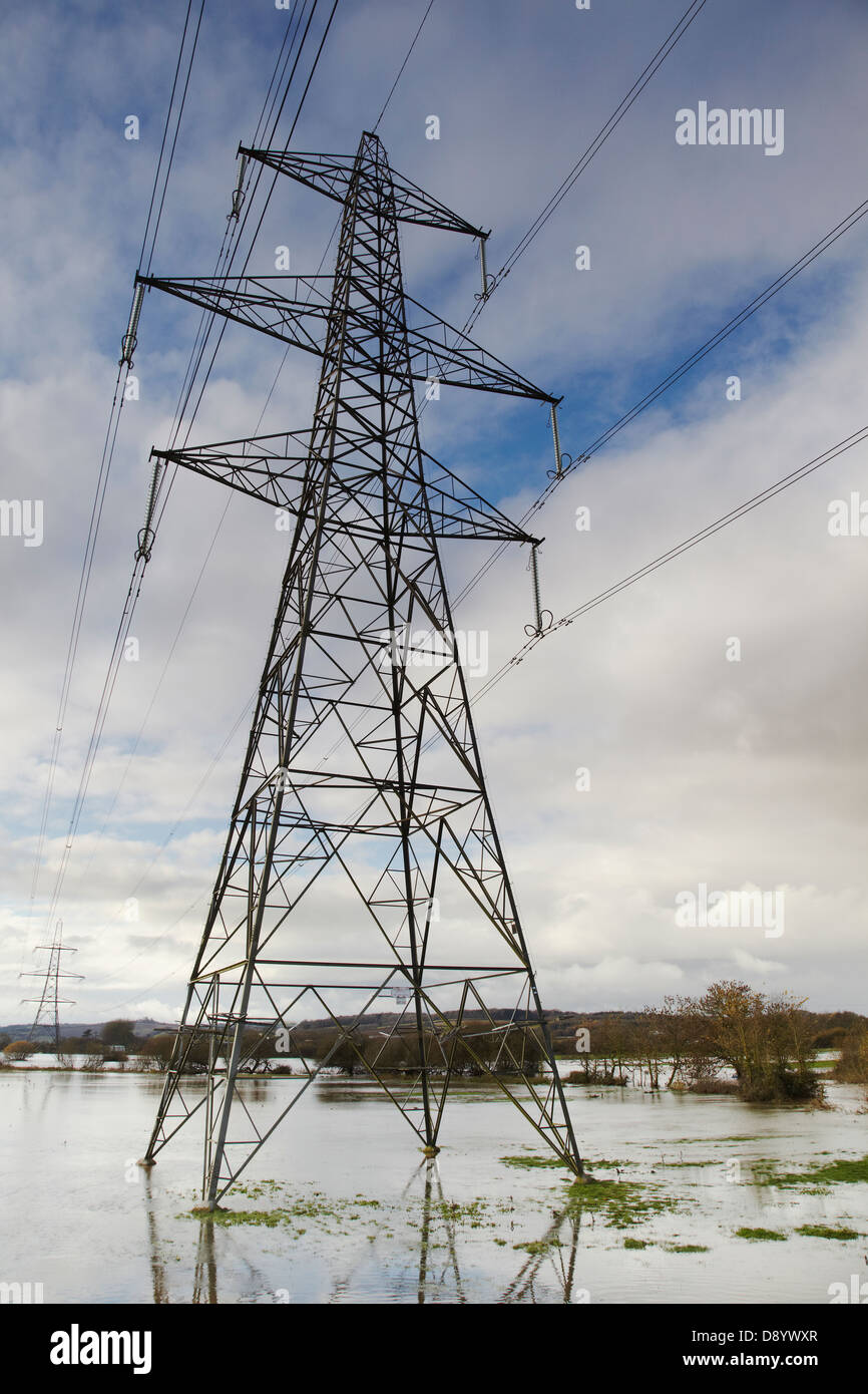 Pylônes d'électricité se tenant dans la campagne inondée dans la vallée de l'exe de la rivière, à Stoke Canon, près d'Exeter, Devon, Grande-Bretagne. Banque D'Images