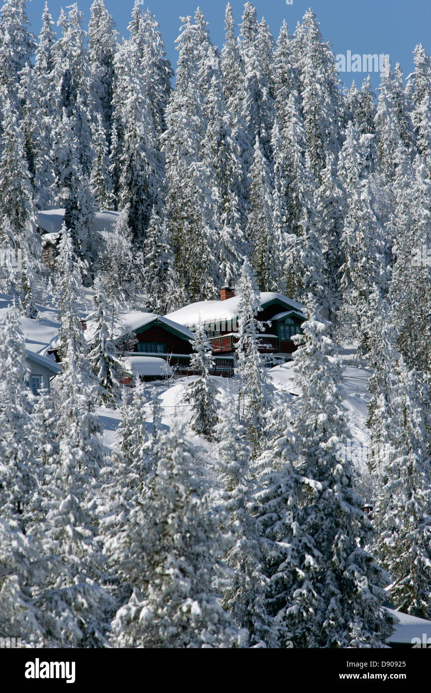 Auberge de montagne dans une forêt enneigée, la Suède. Banque D'Images