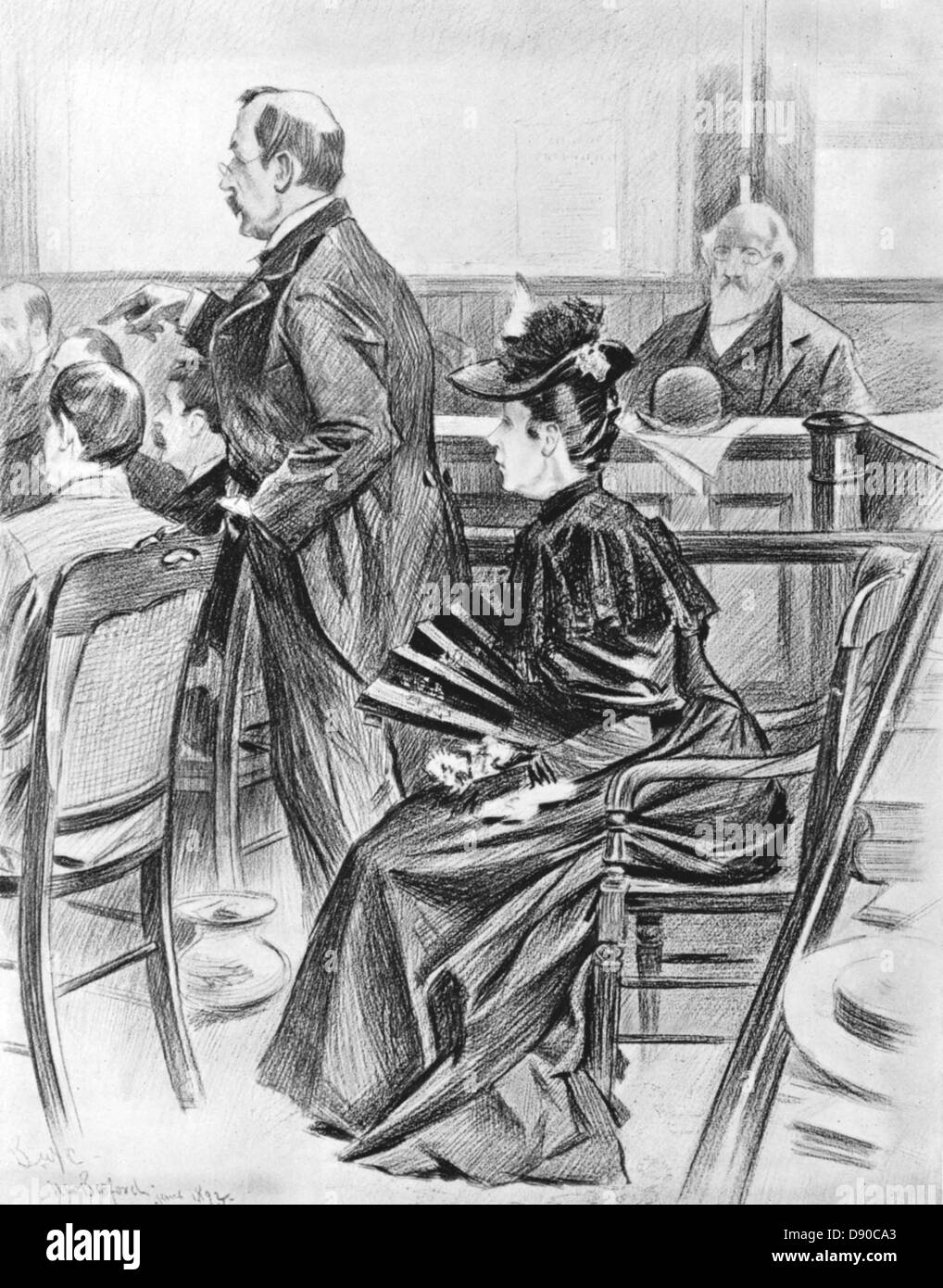 LIZZIE BORDEN (1860-1927) femme américaine à son procès de l'ax 1892 assassinats de son père et belle-mère Banque D'Images
