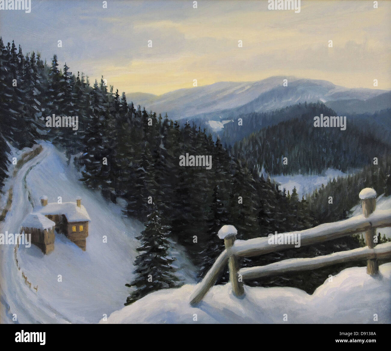 Une peinture à l'huile sur toile de conte d'hiver en scène magique montagnes des Rhodopes, Bulgarie avec une vieille maison nichée dans la neige. Banque D'Images