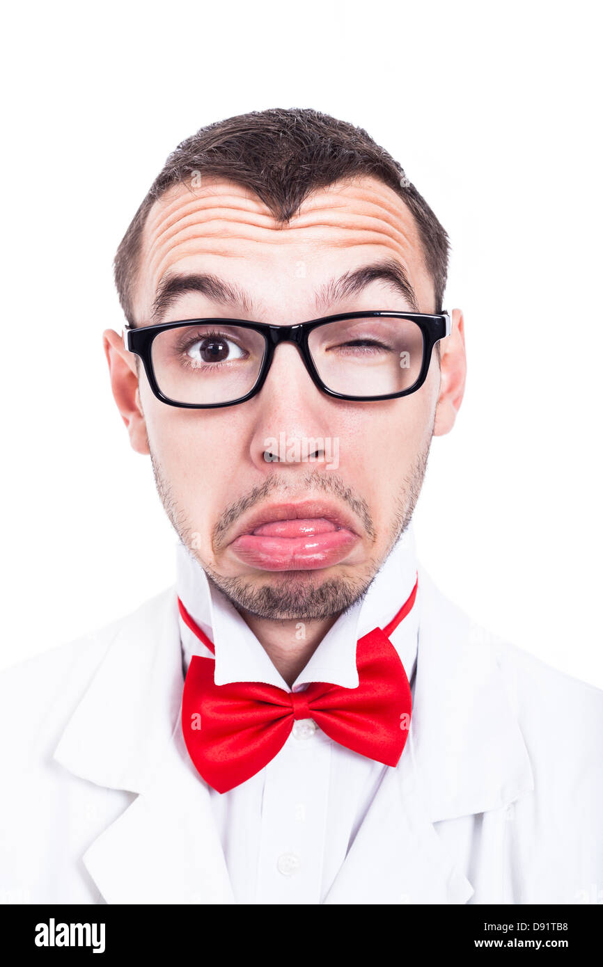 Close up of lab excentrique geek, isolé sur fond blanc Banque D'Images