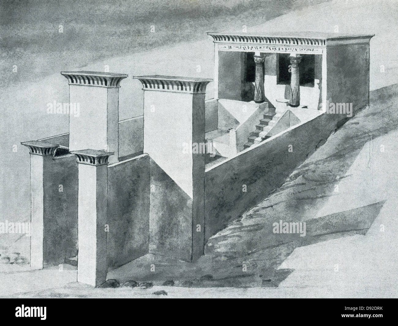 Cette illustration datant du début des années 1900, de reconstruire un temple funéraire à Amarna, la ville d'Akhenaton. Banque D'Images