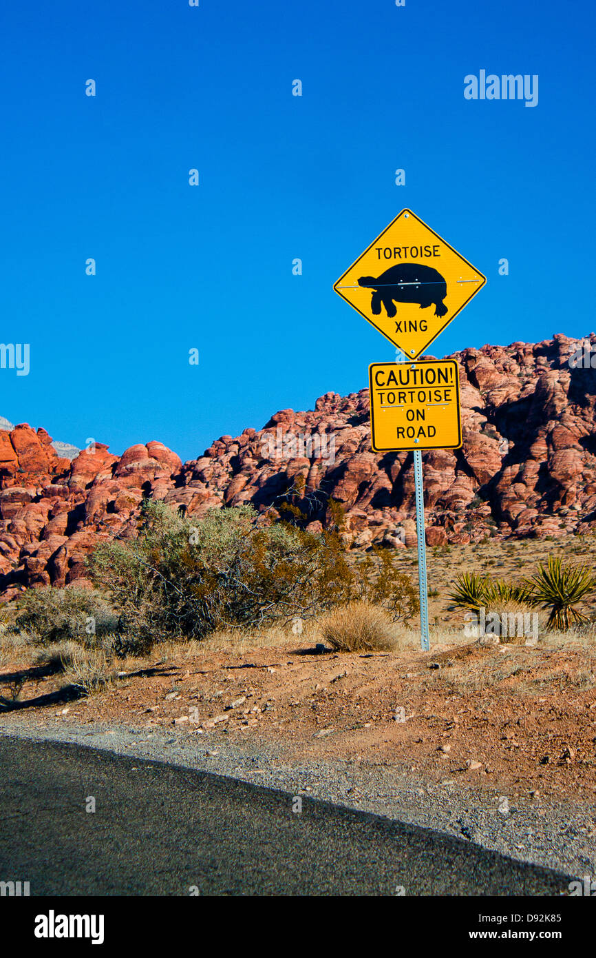 Tortue jaune 'Xing' panneau d'avertissement dans le Red Rock Canyon en dehors de Las Vegas, Nevada Banque D'Images