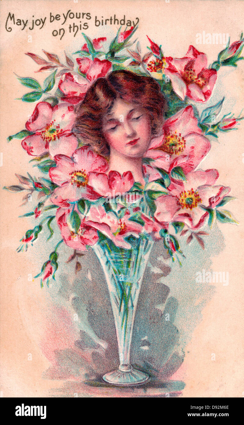 La Joie Peut Etre Votre Sur Cette Anniversaire Carte Vintage Avec Visage De Femme Au Vase De Fleurs Photo Stock Alamy
