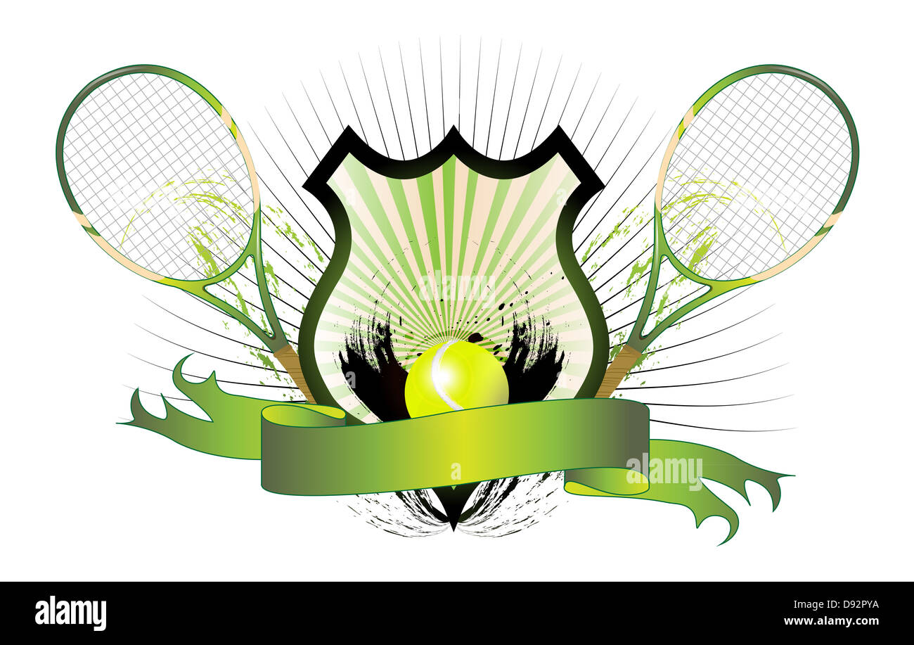 Bouclier, raquette de tennis, balle de tennis, sport, sport d'été, athlète, sportif, manteau, vert, balle, signe, Banque D'Images