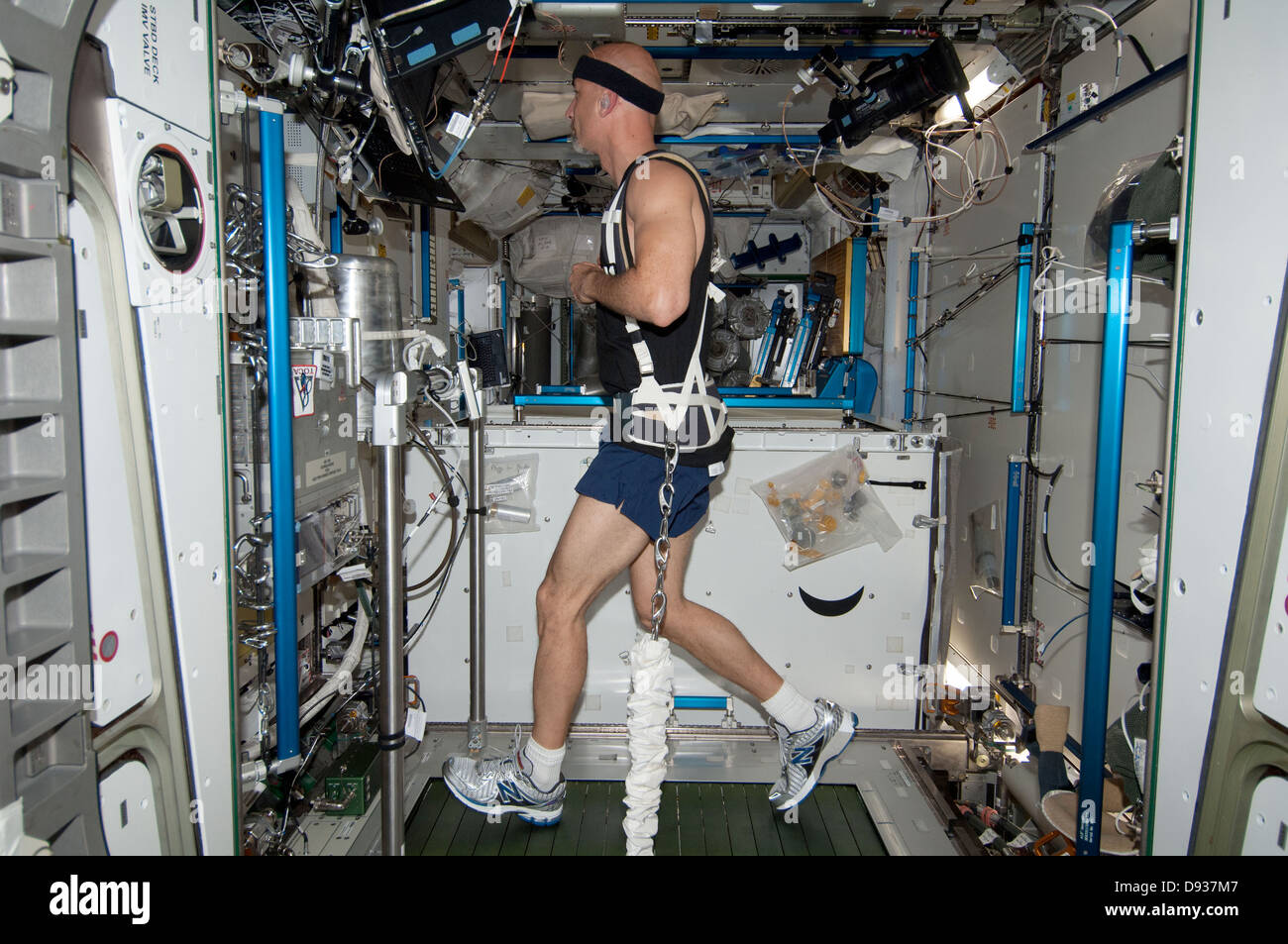 Équipage Expédition 36 L'ingénieur de vol de l'Agence spatiale européenne Luca Parmitano exercices sur le combiné sans résistance externe de charge Tapis roulant dans le nœud de l'harmonie à bord de la Station spatiale internationale le 2 juin 2013. Banque D'Images