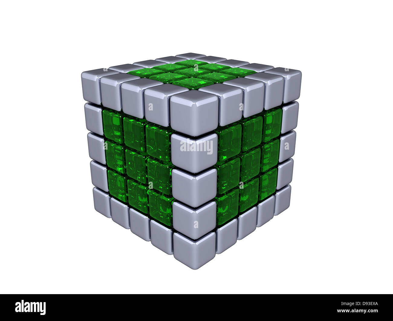 Cube 3D - Assemblée générale - métal et verre (3D, fond blanc) Banque D'Images