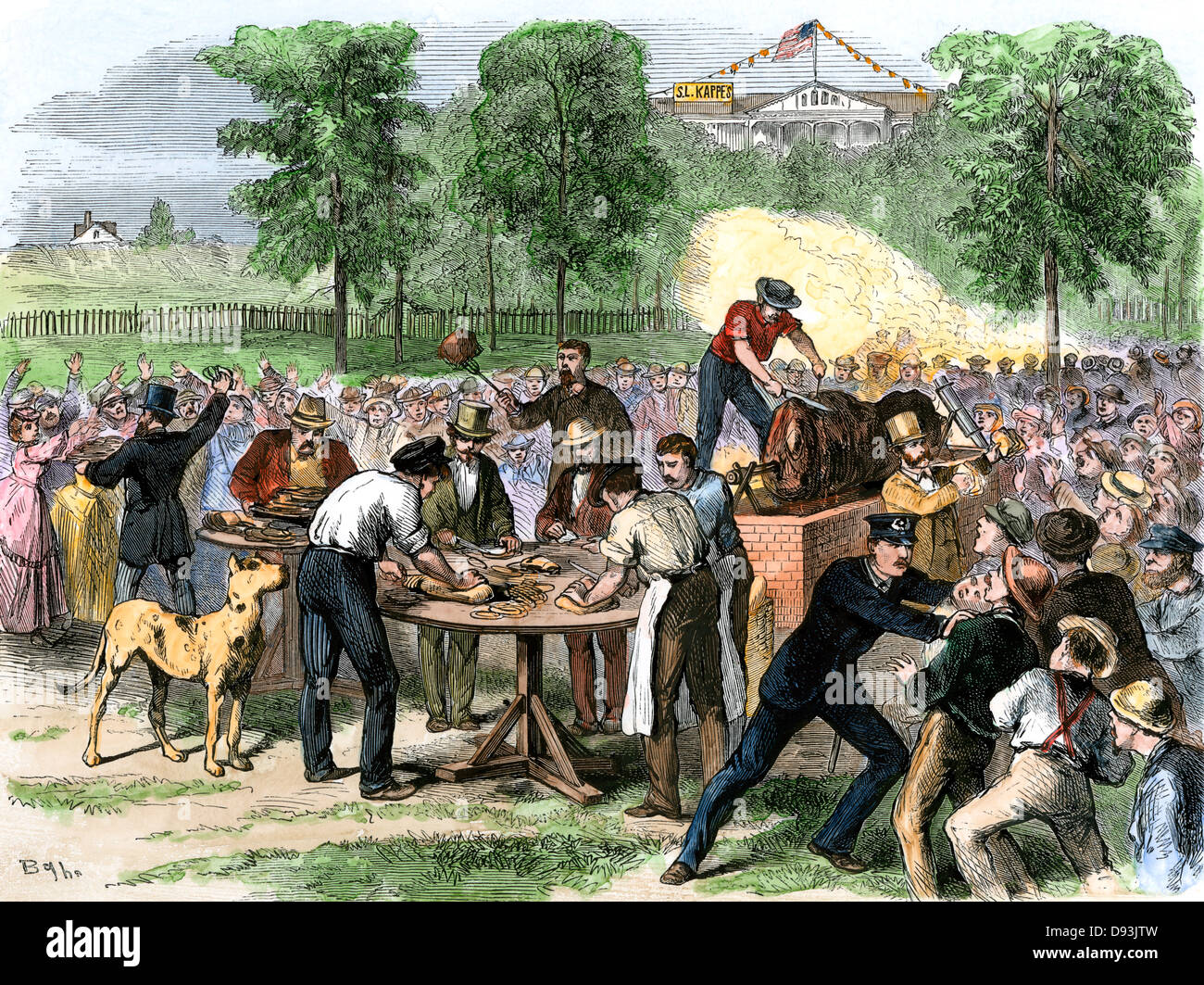 Ox-à la société Brennan's picnic, le Lion Park, New York, 1860. À la main, gravure sur bois Banque D'Images