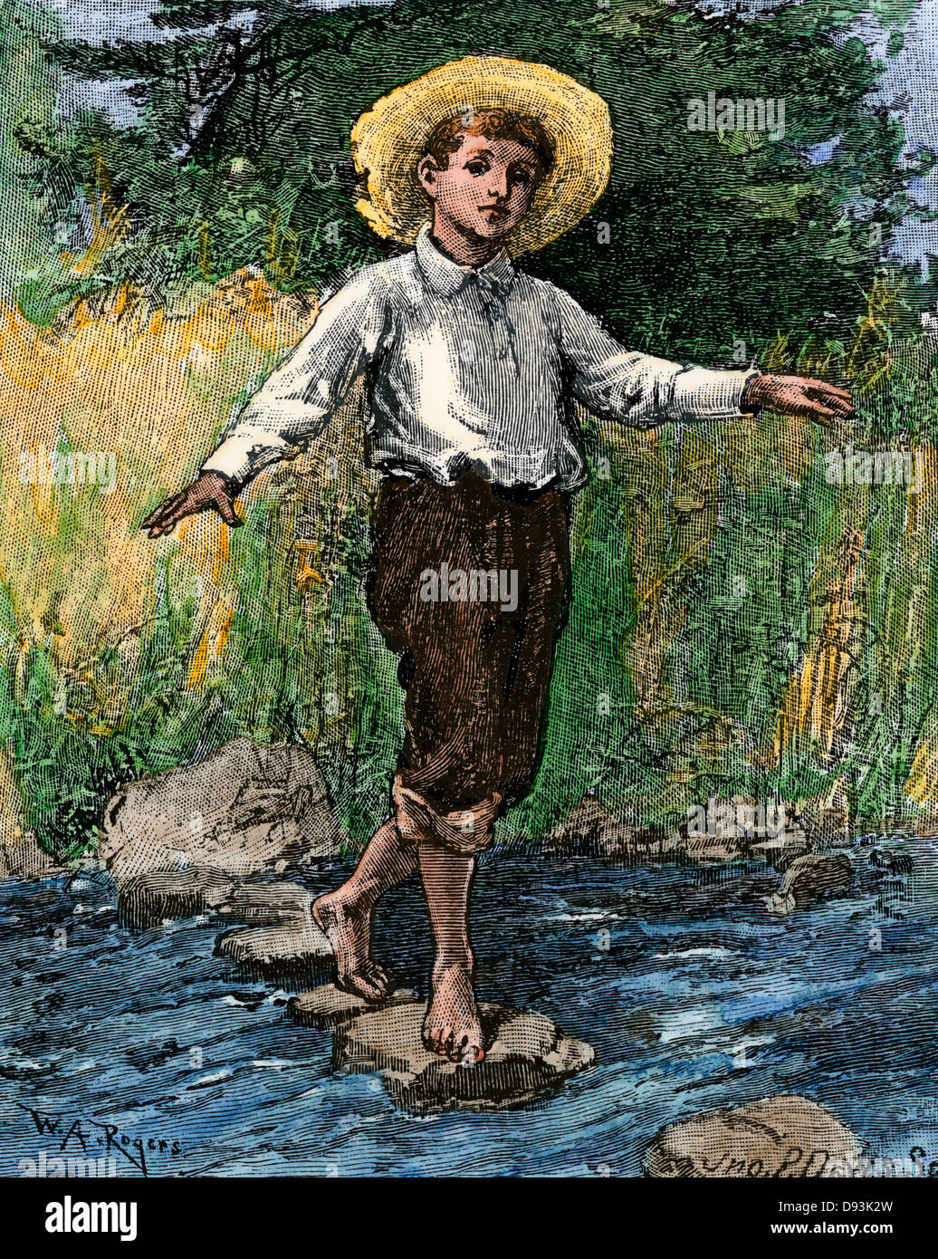 Petit gars traversant un ruisseau. À la main, gravure sur bois Banque D'Images