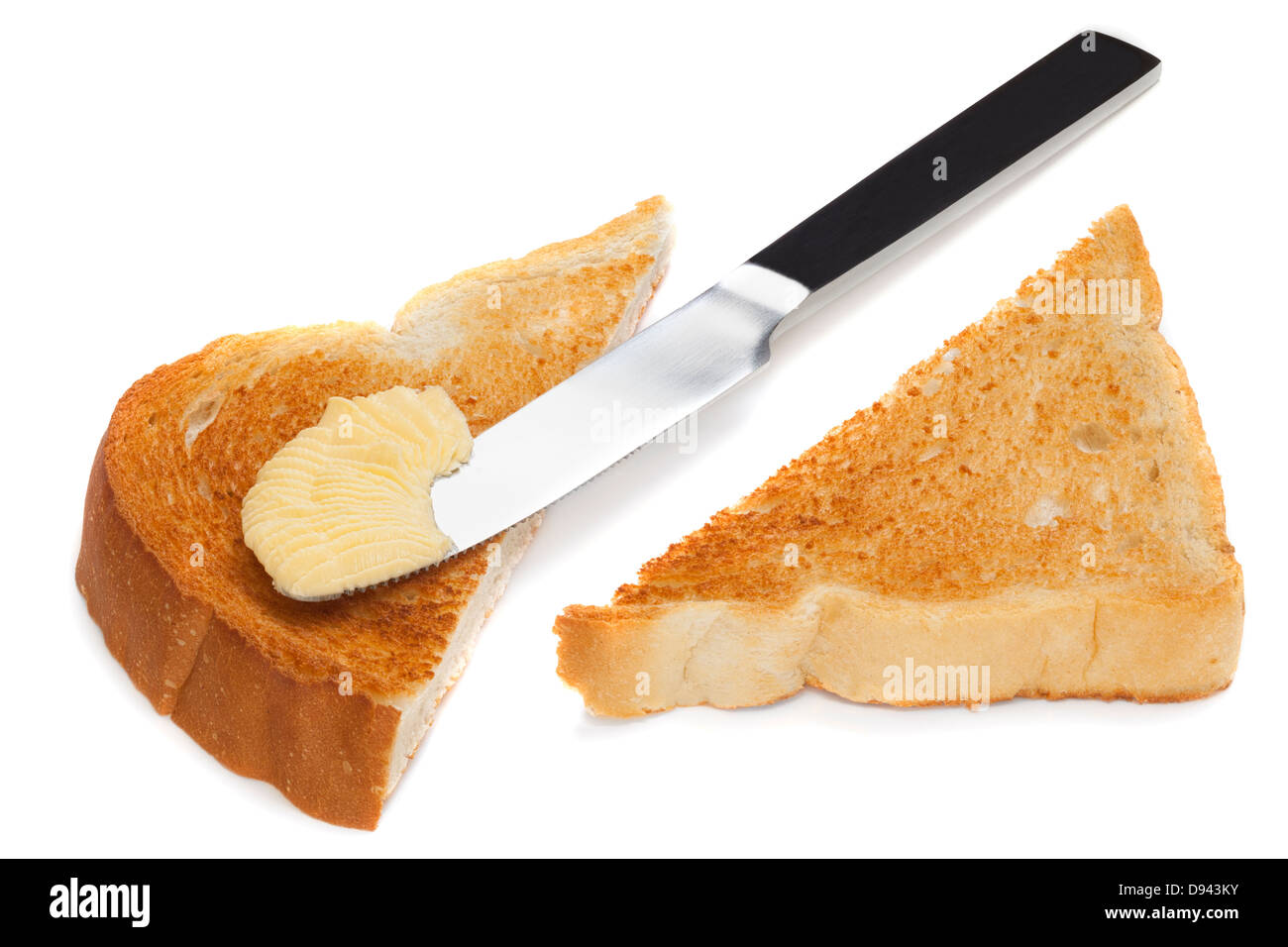 Toasts et Margarine - toast et margarine polyinsaturée doux avec un couteau, sur un fond blanc avec des... Banque D'Images