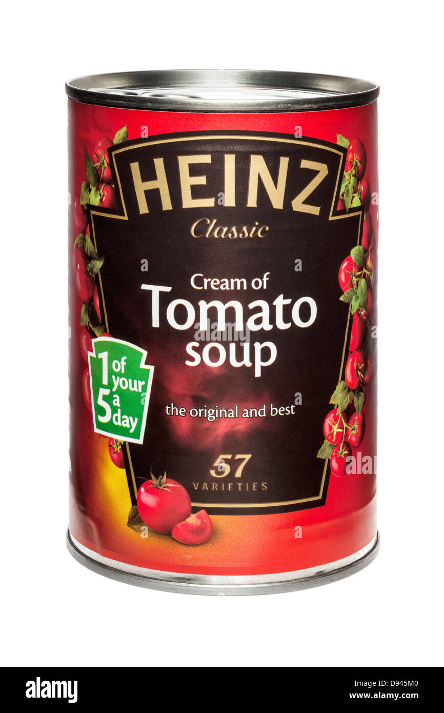 Crème de soupe de tomate Heinz isolé sur blanc, l'avant à l'arrière. Banque D'Images
