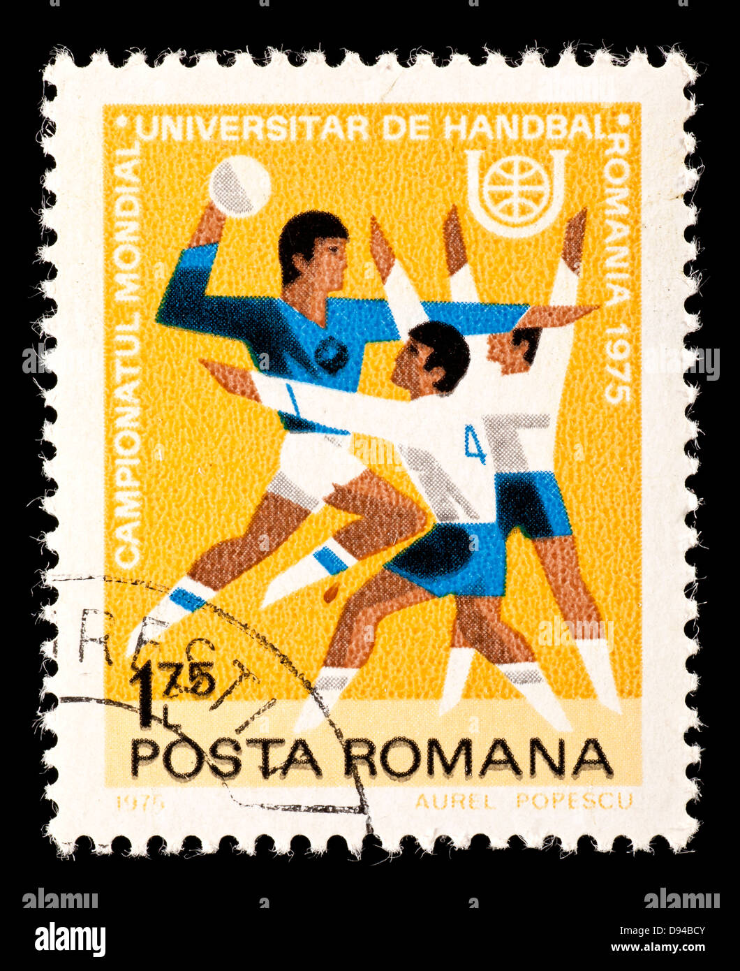 Timbre-poste de Roumanie illustrant joueurs de handball Photo Stock - Alamy