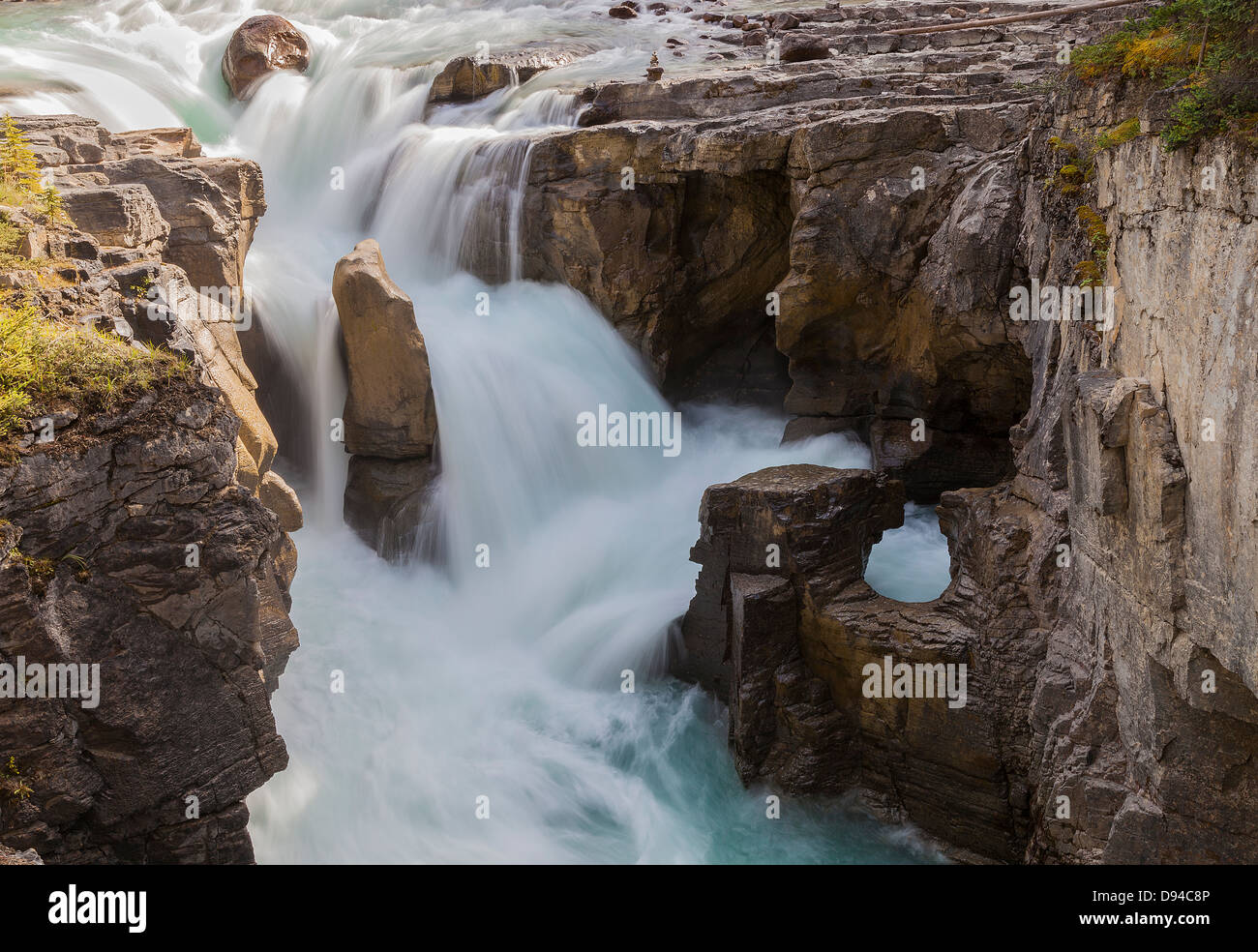 Vue d'une cascade, les chutes Sunwapta, le parc national Jasper. Banque D'Images