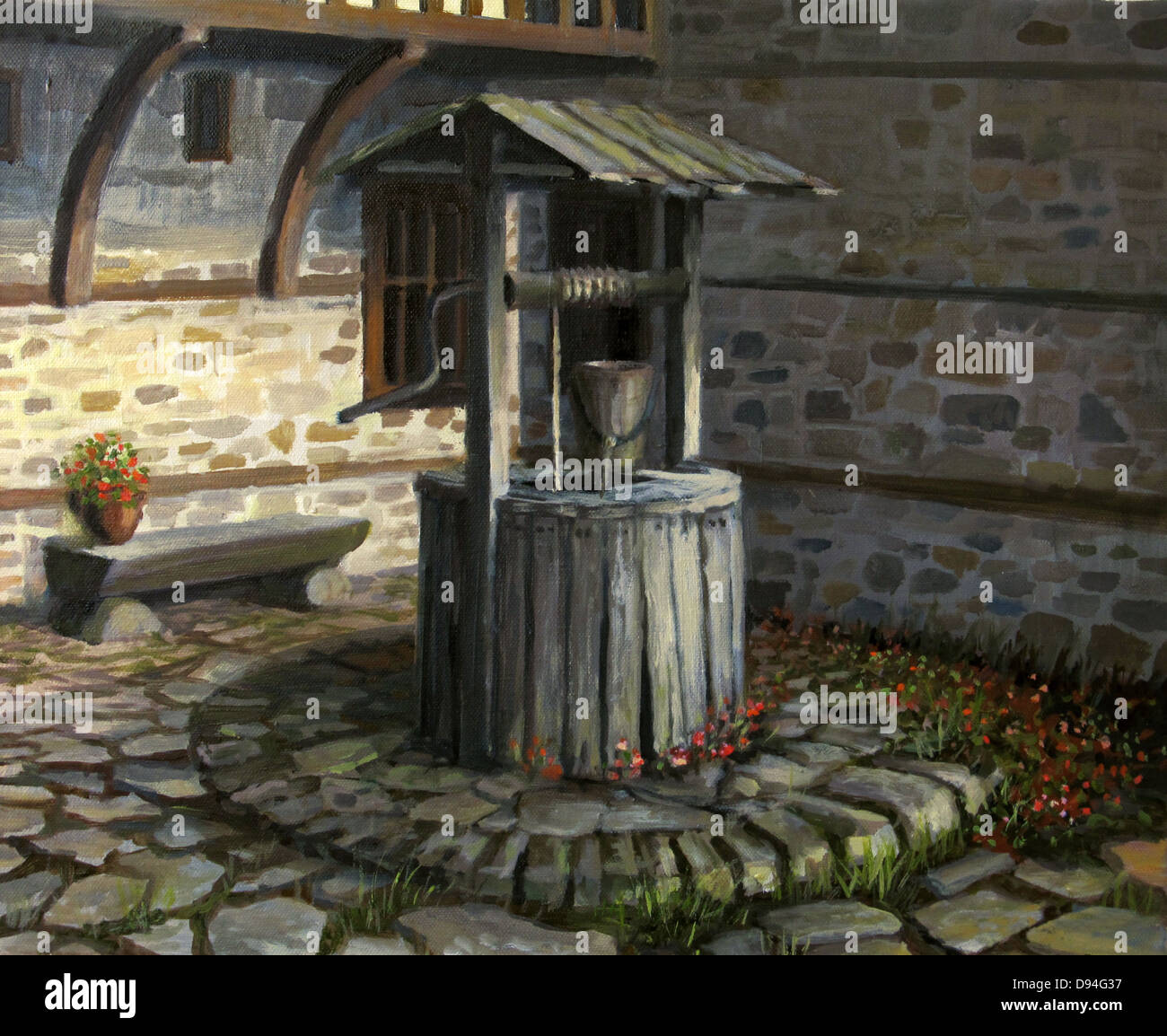 Une peinture à l'huile sur toile d'une fontaine de vie, une ancienne en bois bien séché avec toujours les conseils donner vie à la population. Banque D'Images