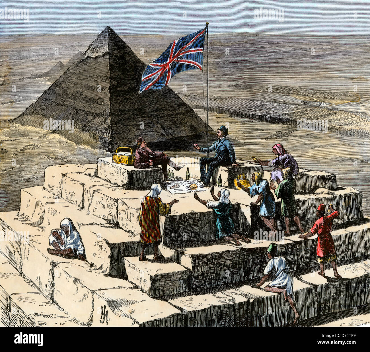 Les touristes britanniques ayant le déjeuner de Noël sur la Grande Pyramide, 1870. À la main, gravure sur bois Banque D'Images