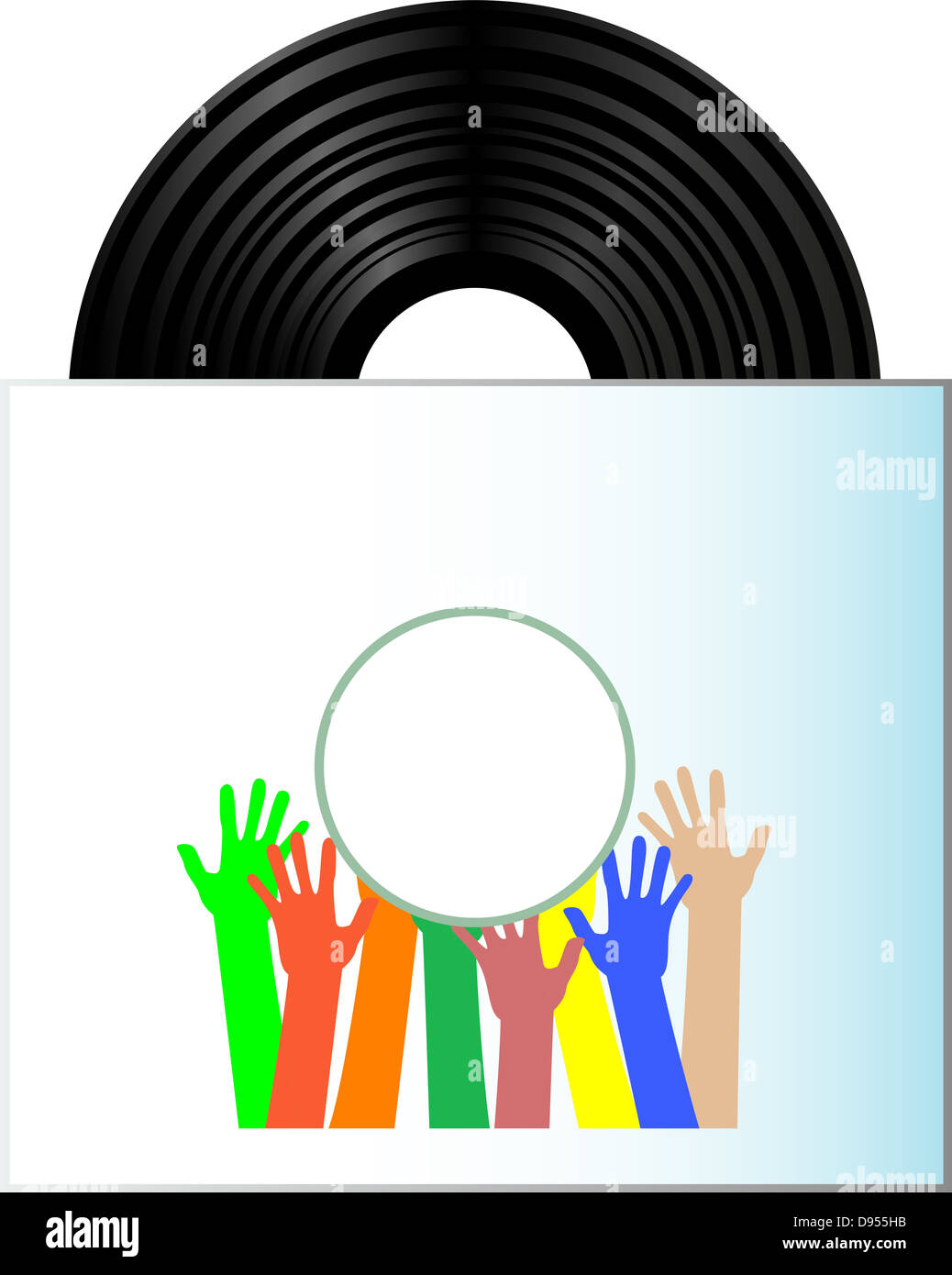 Dans la case disque vinyl record sur fond blanc avec beaucoup de mains Banque D'Images